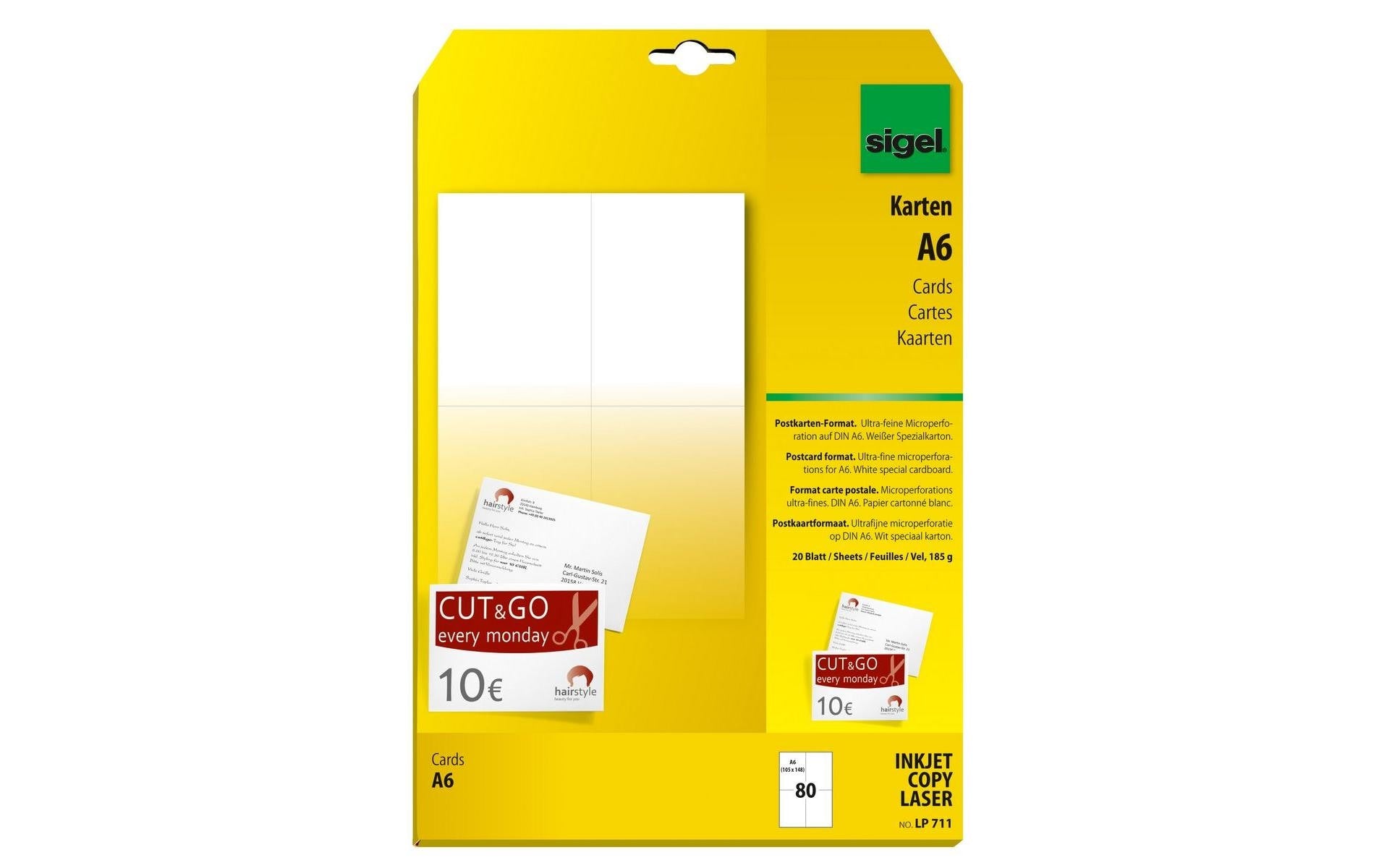 Sigel Postkarten weiss beidseitig (I/L/C) 185 g, A6 (A4), 80 ST=20 BL