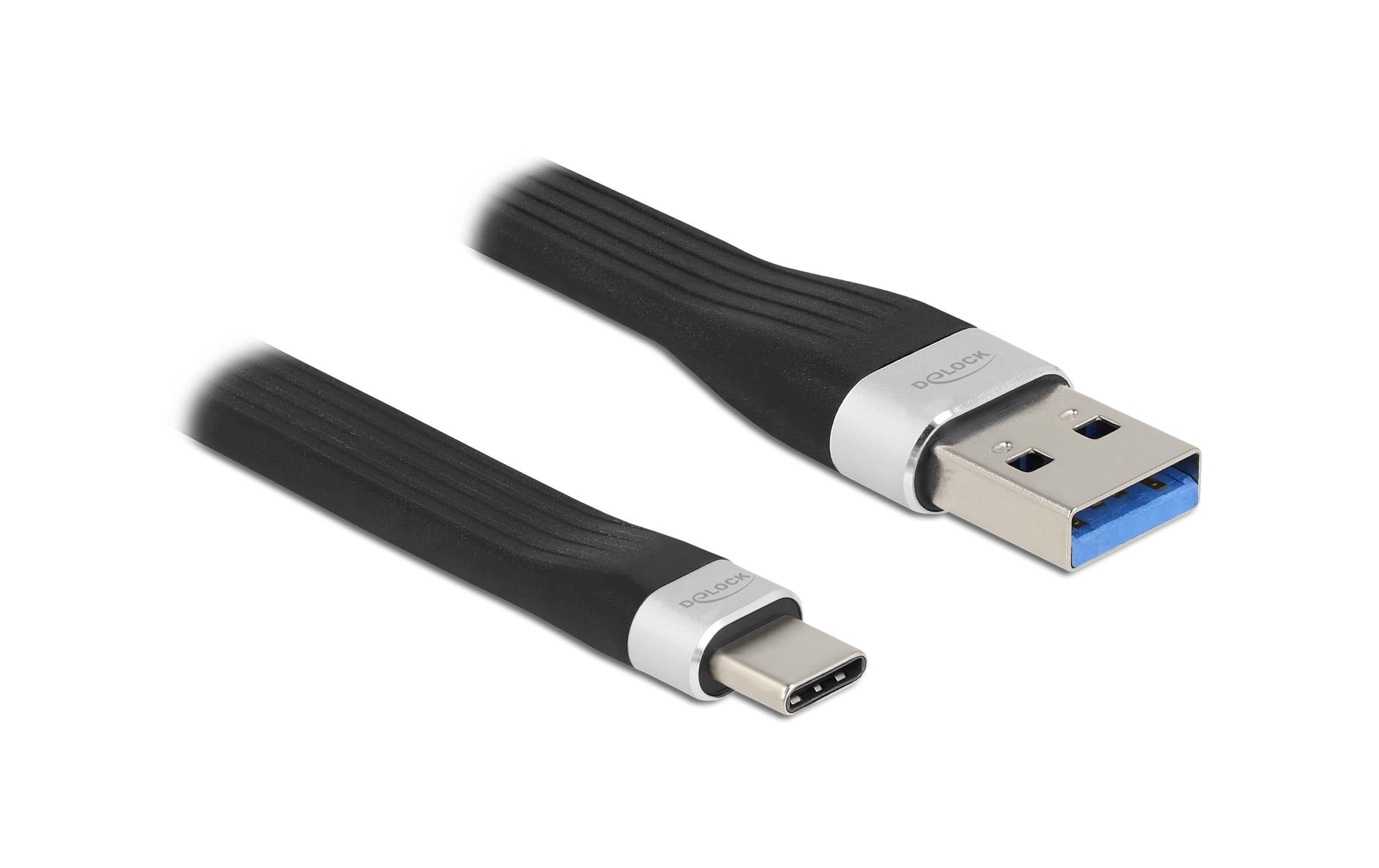 Delock USB3.2 Gen1 Flachbandkabel, A-C 10Gbps, 13.5cm, Farbe: Silber/Schwarz