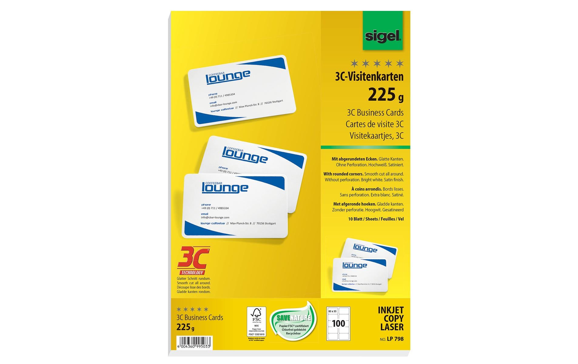 Sigel Visitenkarten, hochweiss Edelkarton (I/L/C) 225 g, 85x55mm (A4), 100 ST=10 BL