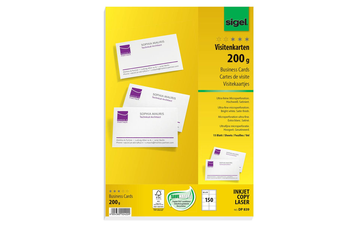 Sigel Visitenkarten, hochweiss, beidseitig (Ink/Laser/Copy) 200g, 85x55mm, 150ST=15BL