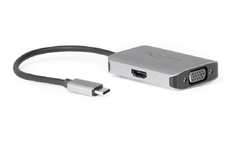 Monitor Splitter USB Typ-C  zu HDMI/VGA Delock, Silber, bis 2 Monitore gleichzeitig