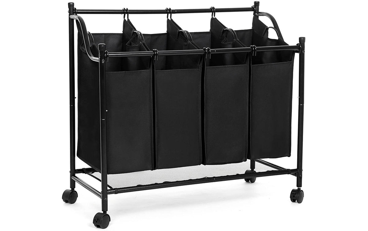 Songmics Wäschekorb Schwarz, Stahlrohr Polyester,4x35LSäcke,67/81x87.5x38.5(HxLxB)