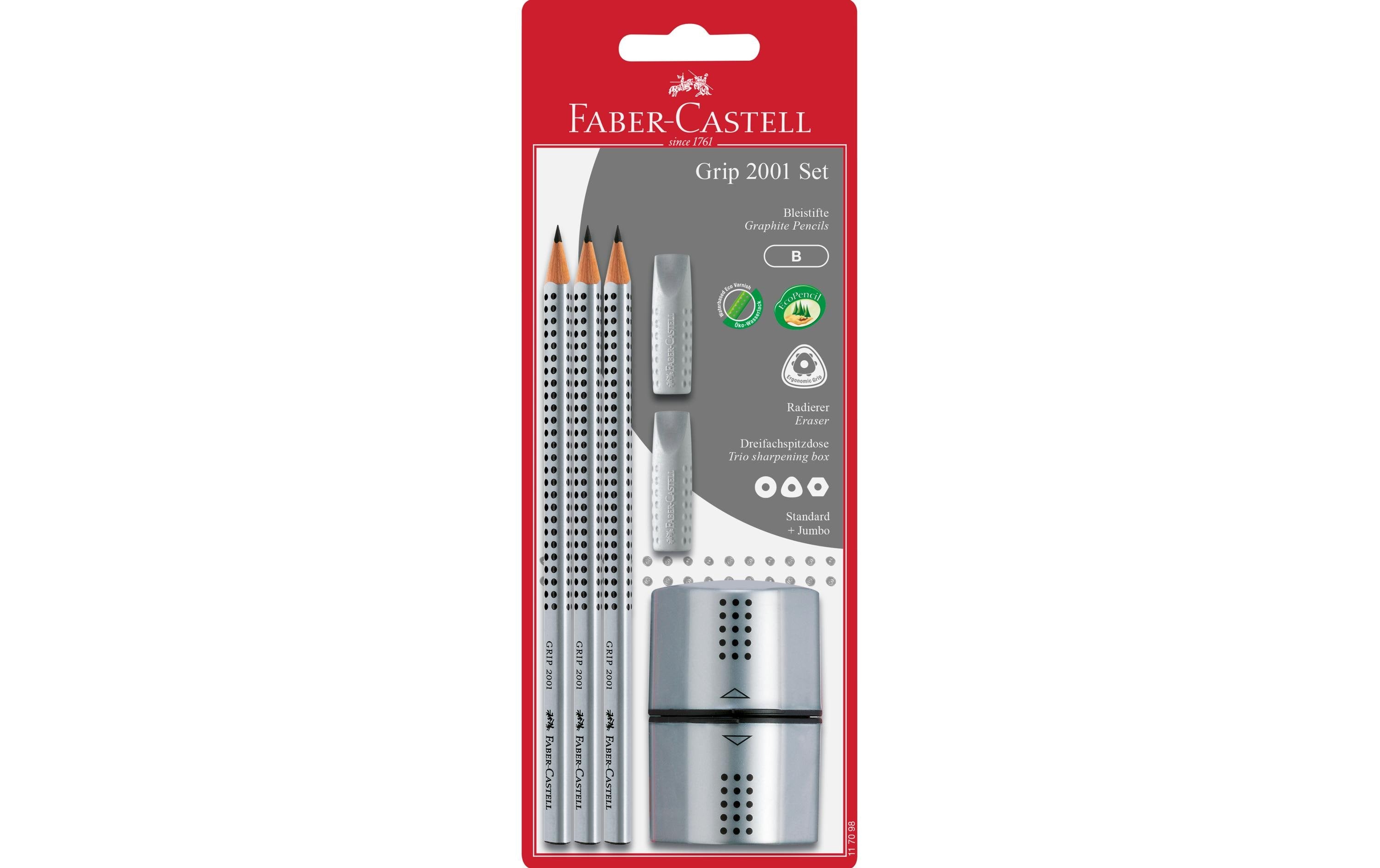 Faber-Castell Bleistift Grip 2001 Set B Härte:B, 3 Bleistifte, 2 Radierer,1 Spitzer