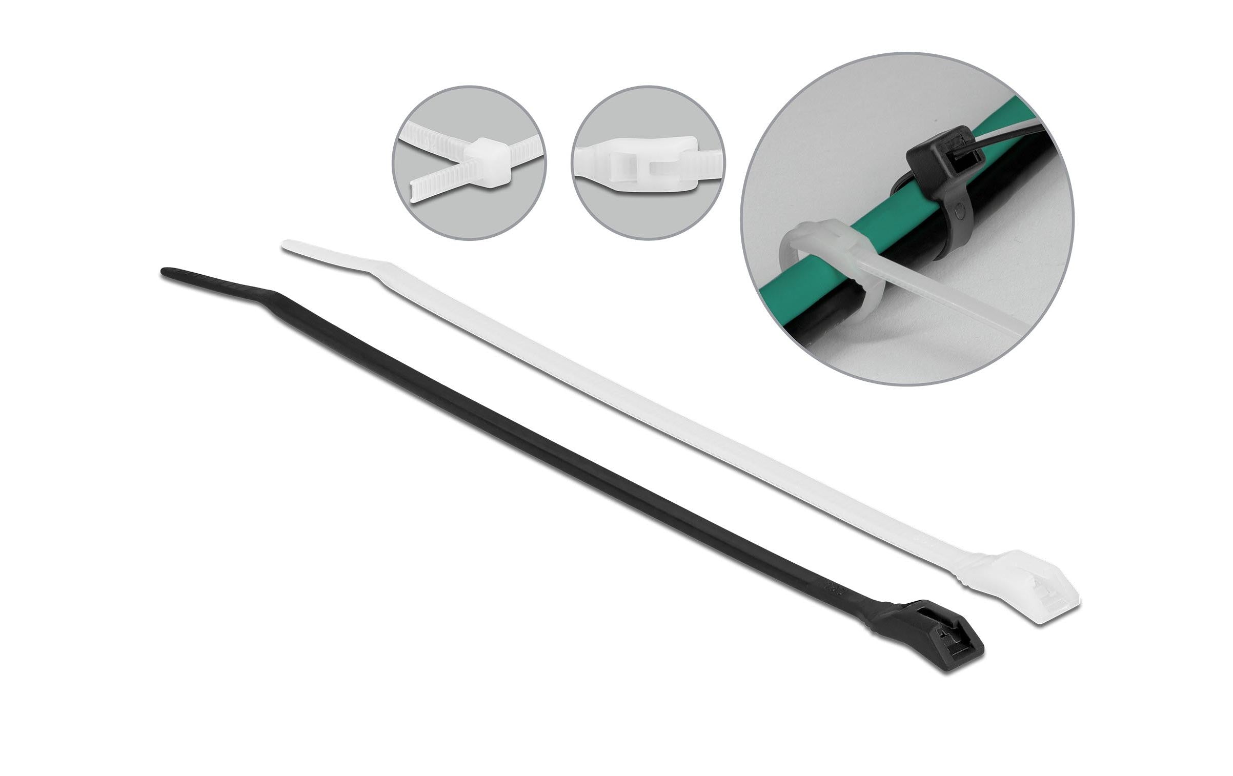 Delock Kabelbinder 205x2.5 100 Stk. Mit flachem Kopf, Schwarz/Transparent