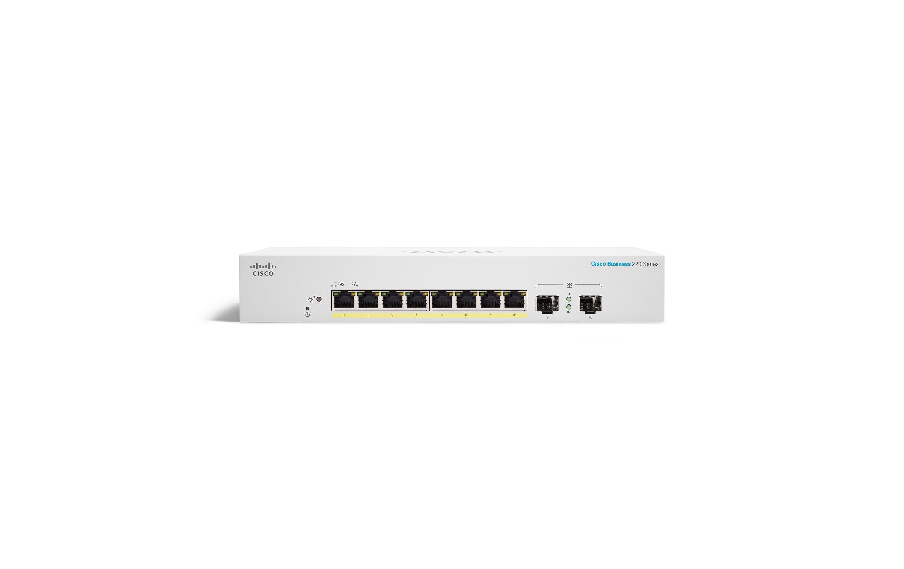 Cisco CBS220-8P-E-2G: 8 Port Smart Switch 8xGE, 8xPoE+ (65W). 2xGE/SFP