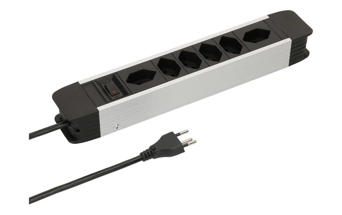 MH ALU Steckdosenleiste 6xT13, mit Schalter, sz/alu, 2m Kabel