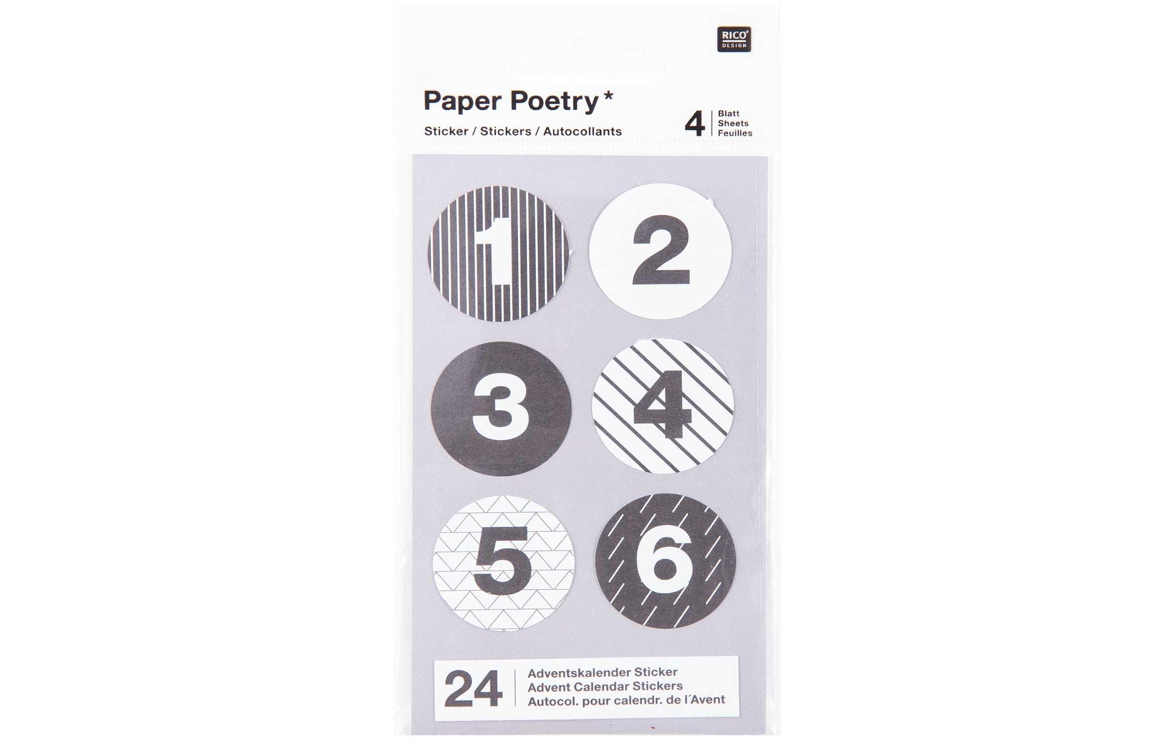 Rico Design Adventskalendersticker 1-24 schwarz/weiss, 28 mm Durchmesser, 4 Blatt