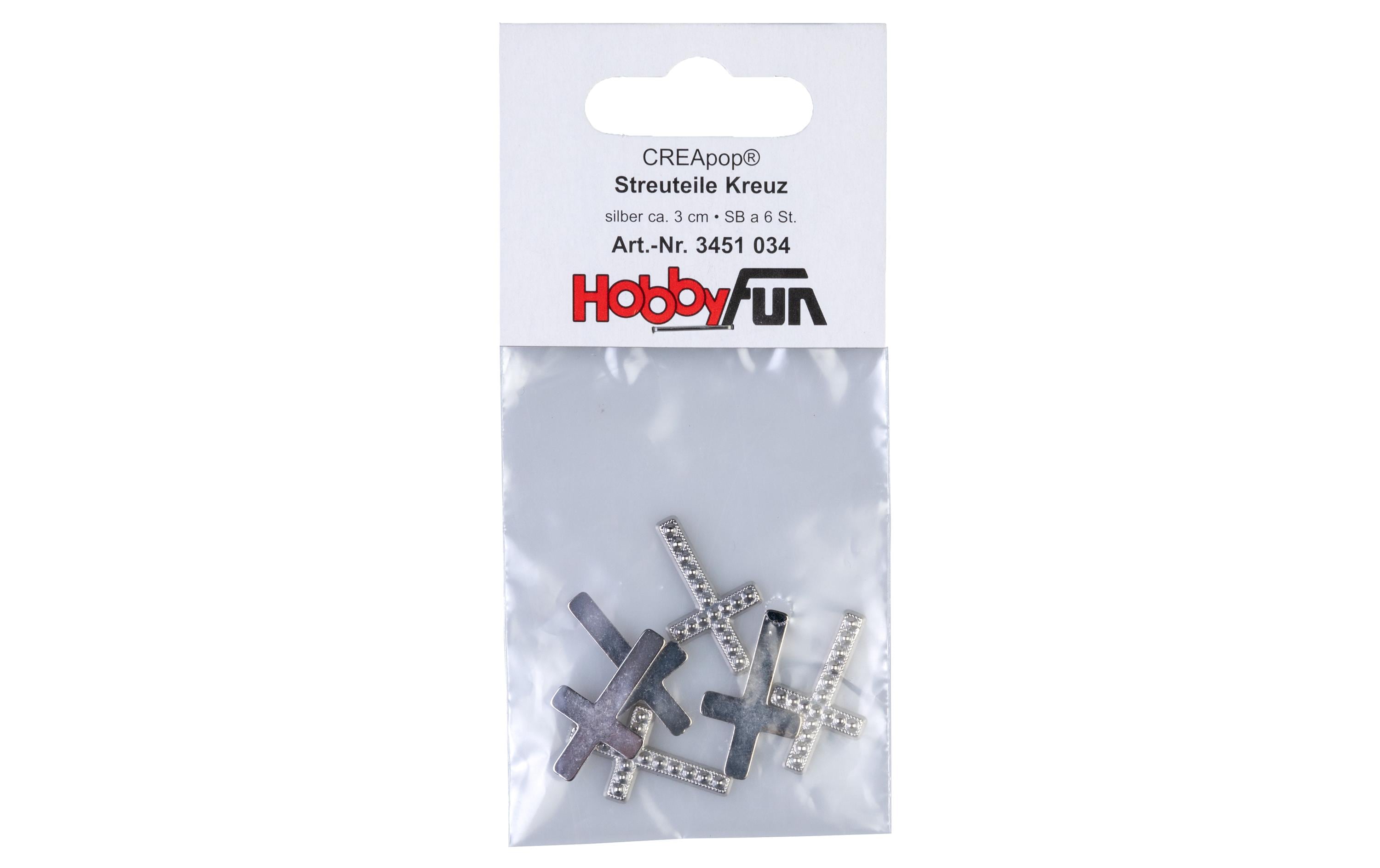 Hobbyfun Streuteile Kreuz silber, 6 Stück, 3 cm