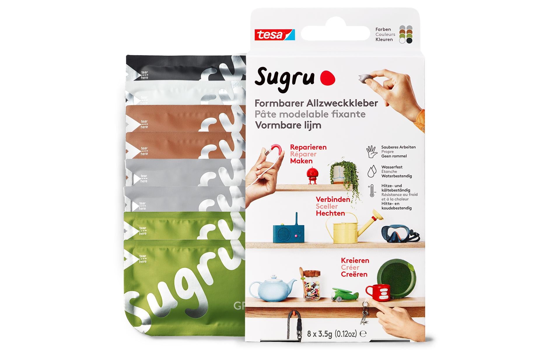 tesa Sugru 8 schw./weiss/grün/braun/grau 3x5g, single use