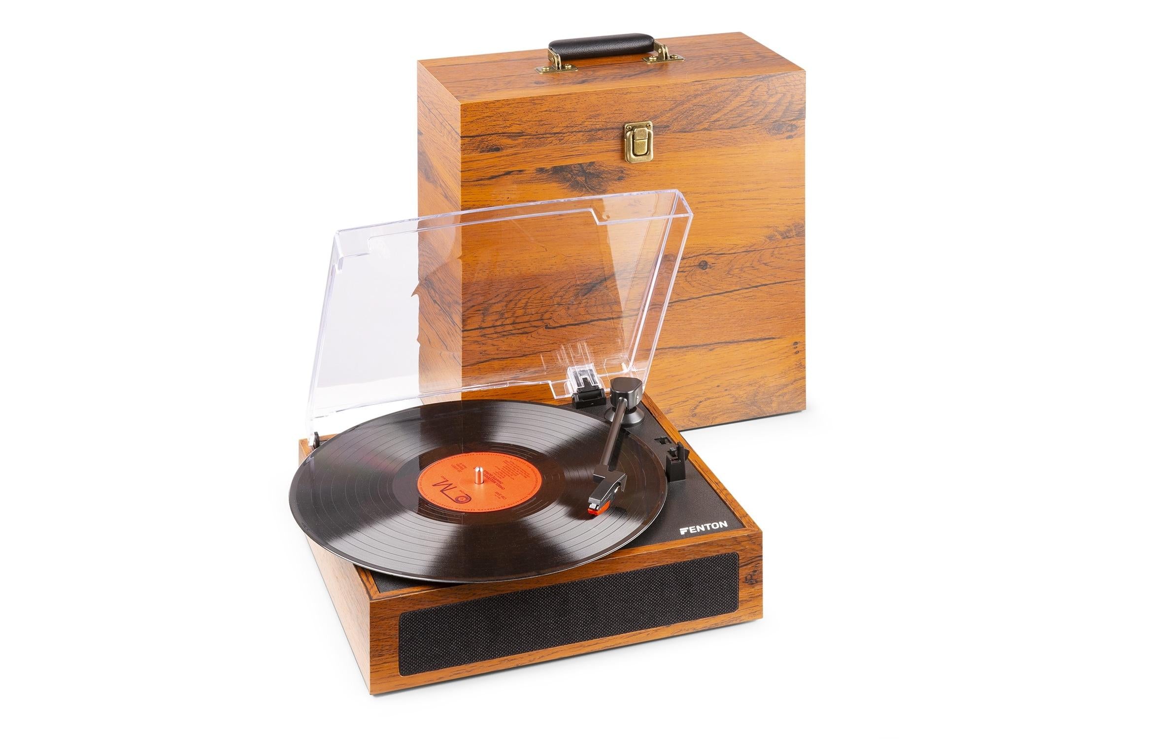 Fenton RP170L Plattenspieler mit Plattenkoffer, Holzoptik