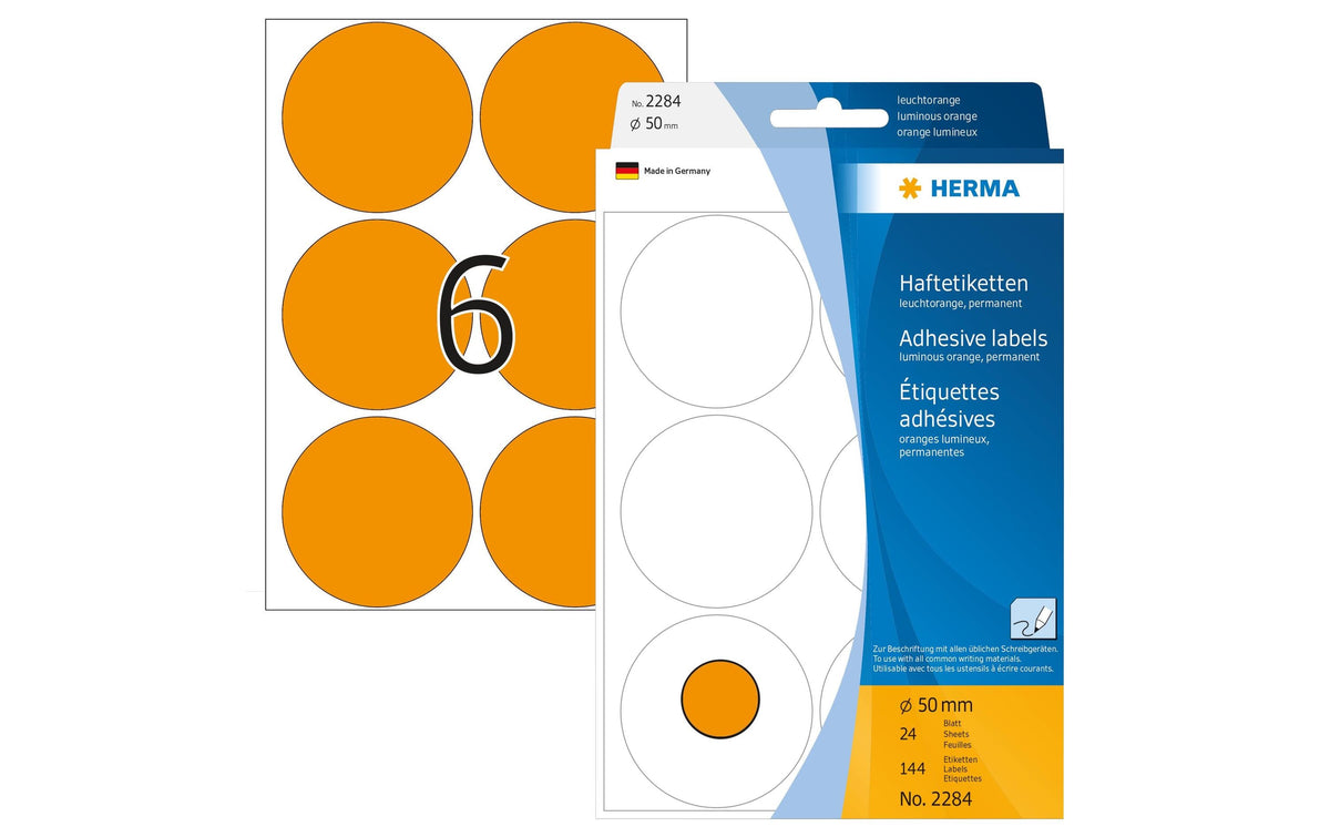 Herma Vielzwecketiketten 2284 leuchtorange 144 Etiketten, A4, 24 Blatt, 50 mm