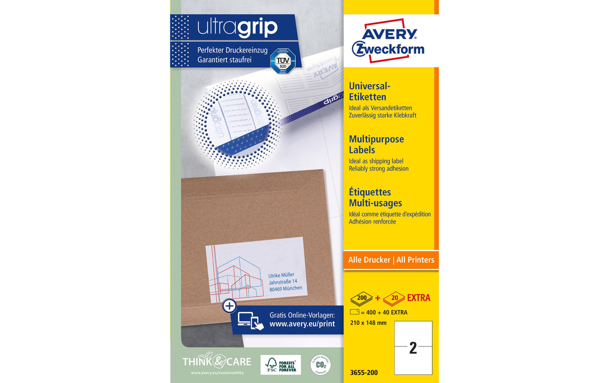 Avery Zweckform Etiketten A4, 210x148mm Packung zu 220 Blatt / 440 Etiketten