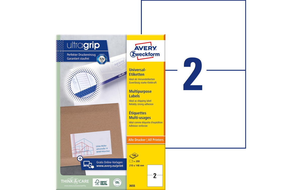 Avery Zweckform Etiketten A4, 210x148mm Packung zu 100 Blatt / 200 Etiketten