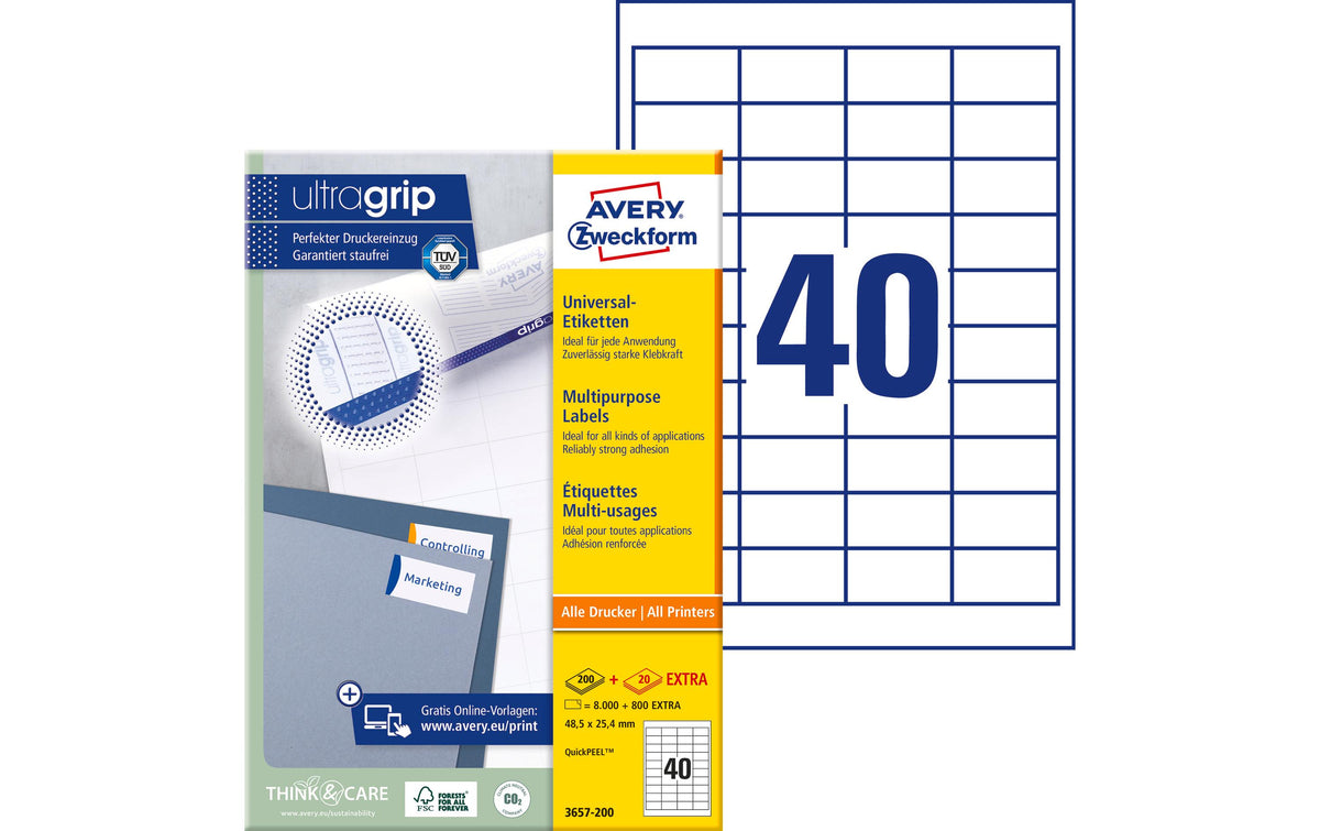 Avery Zweckform Etiketten A4, 48.5x25.4mm Packung zu 100 Blatt / 4000 Etiketten