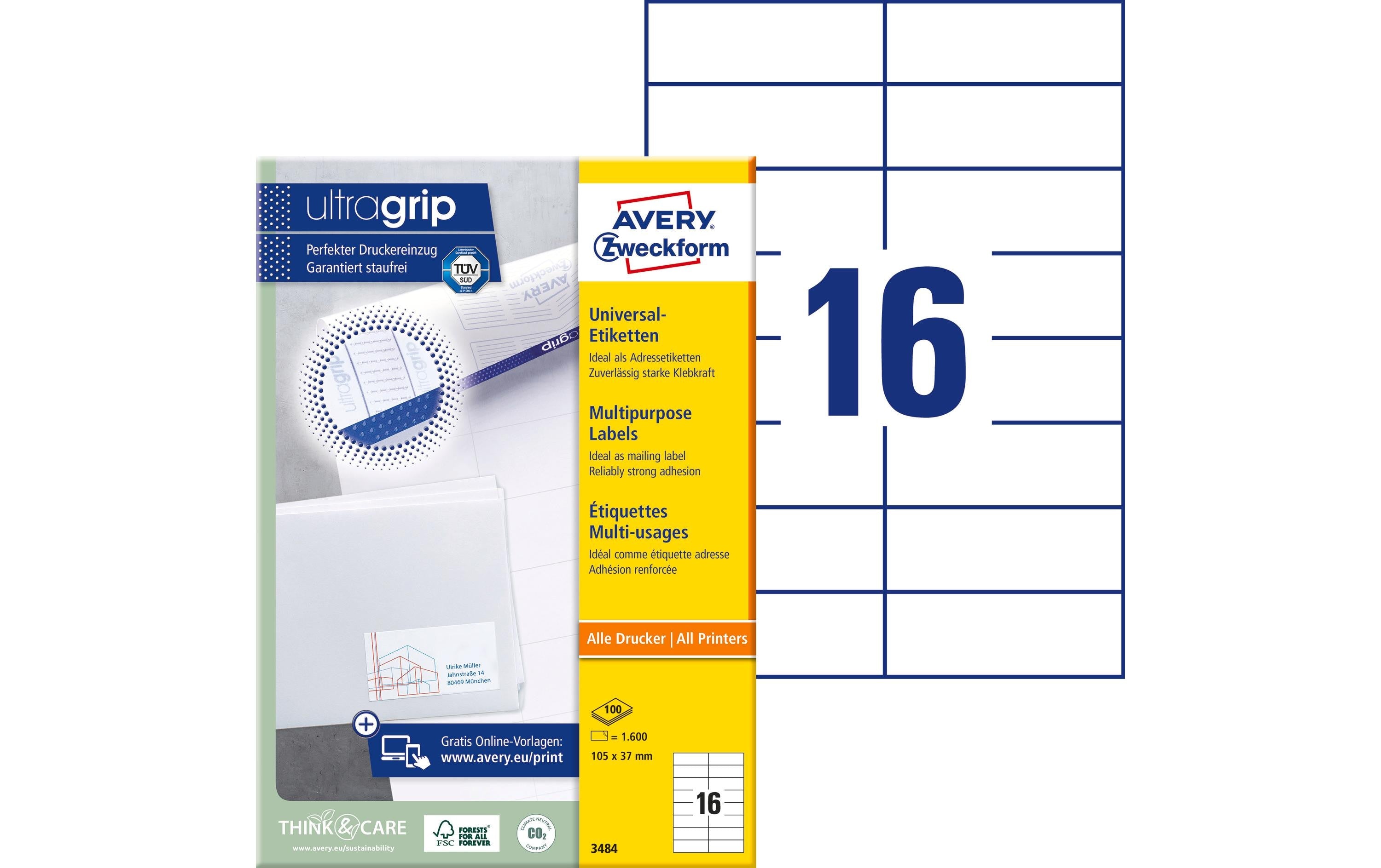 Avery Zweckform Etiketten A4, 105x37mm Packung zu 100 Blatt / 1600 Etiketten