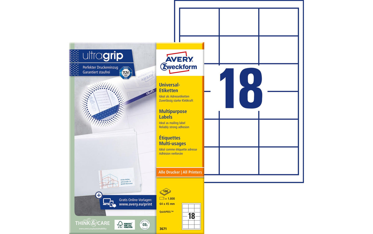 Avery Zweckform Etiketten A4, 64 x 45 mm Packung zu 100 Blatt / 1800 Etiketten