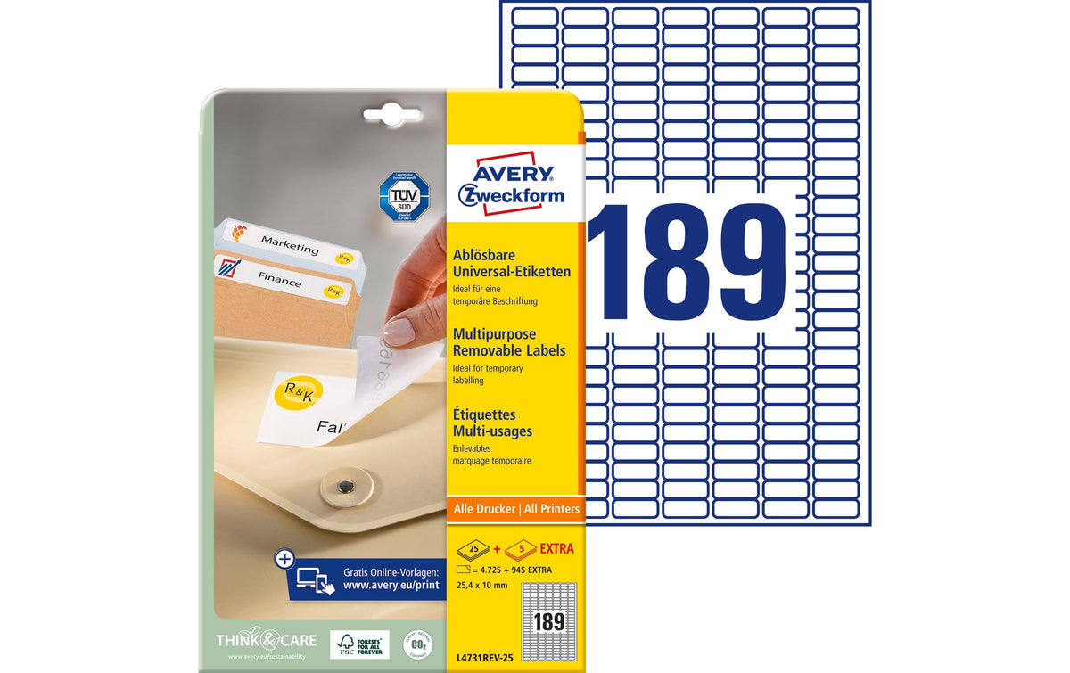 Avery Zweckform Etiketten stick+Lift, weiss 25.4 x 10mm, 25 Bogen / 4725 Etiketten