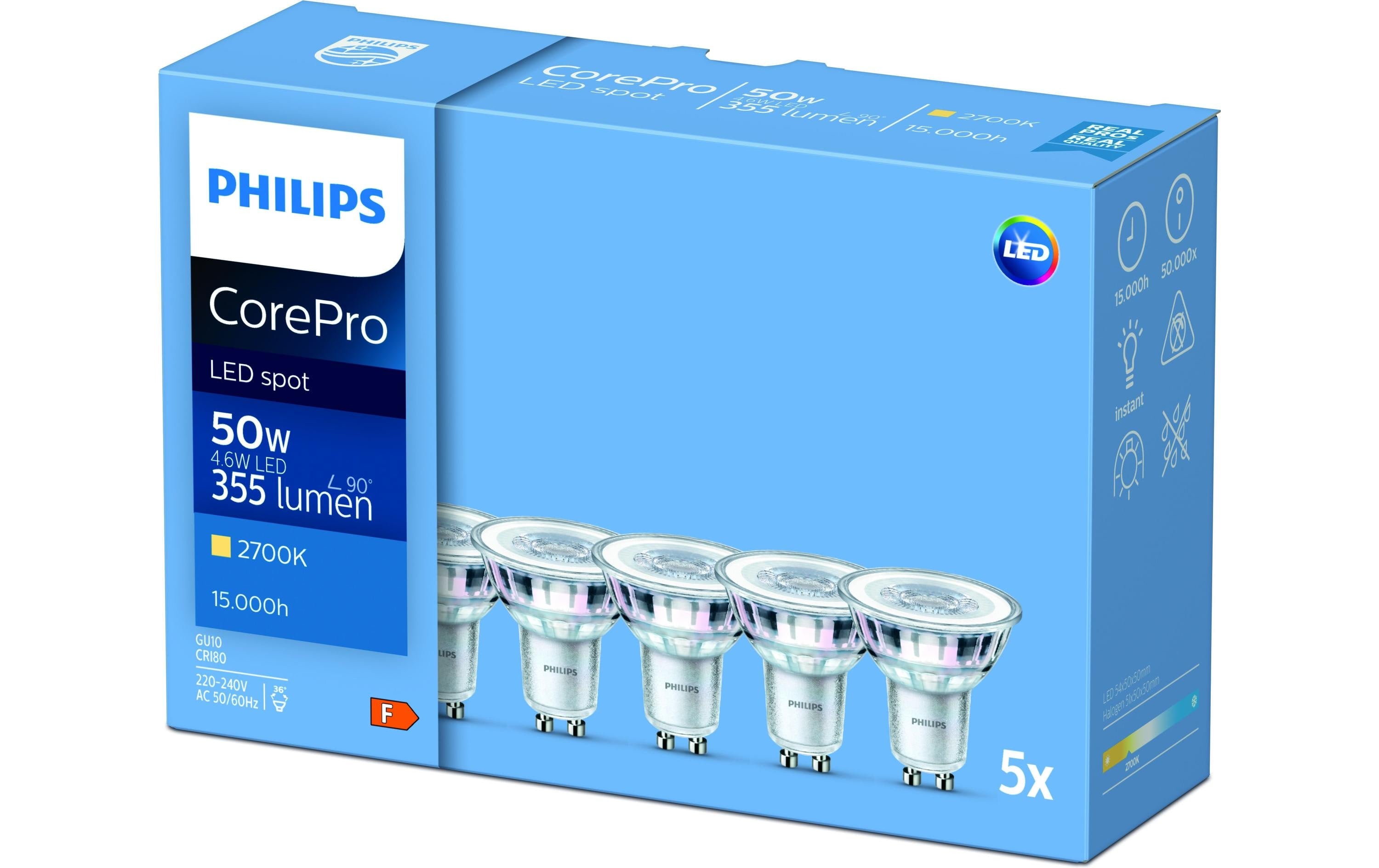 Philips CorePro LEDspot 4,6-50W GU10 827 36° 5er Multipack