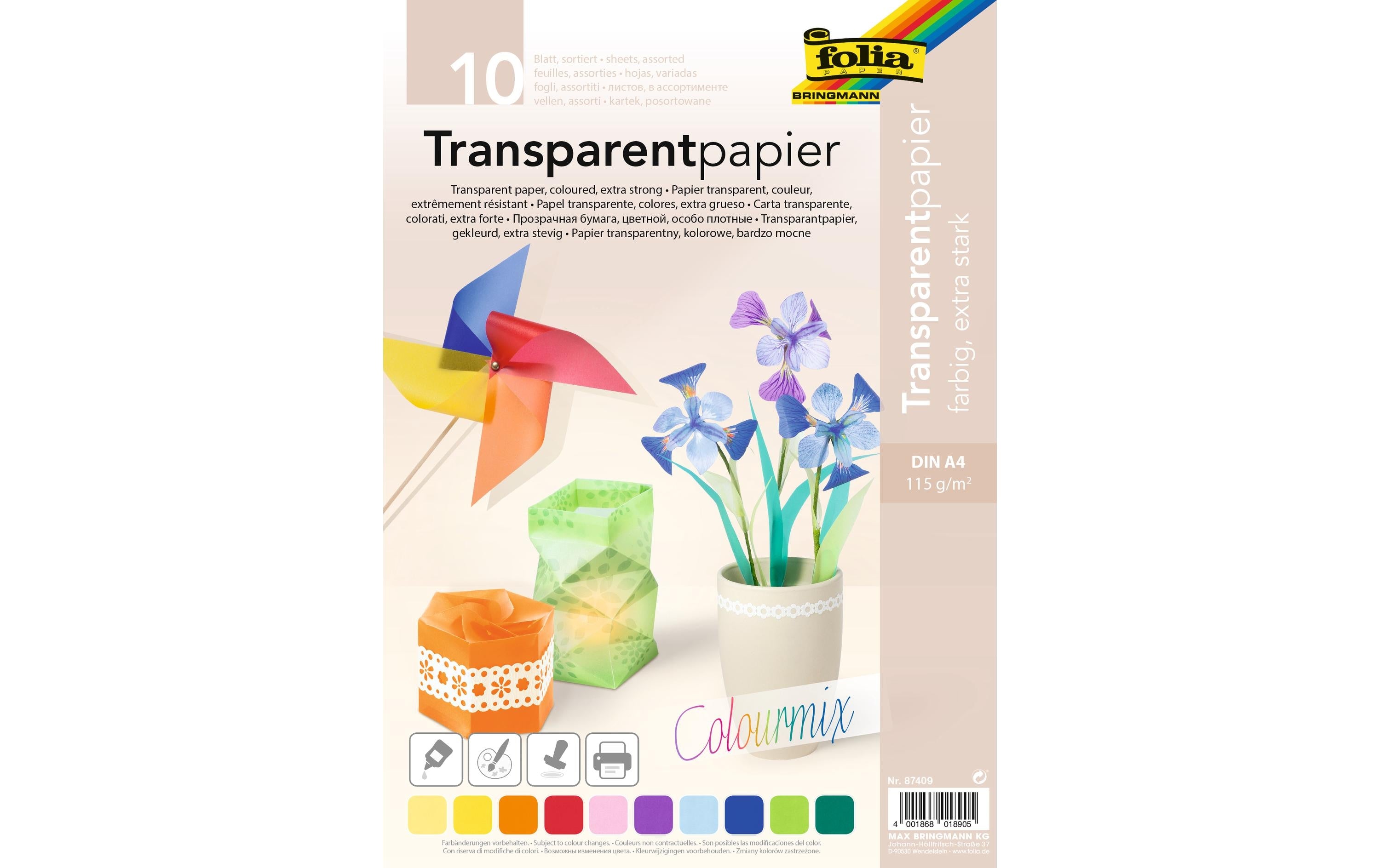 Folia Transparentpapier extra stark bunt 10 Blatt, 21x29.7cm