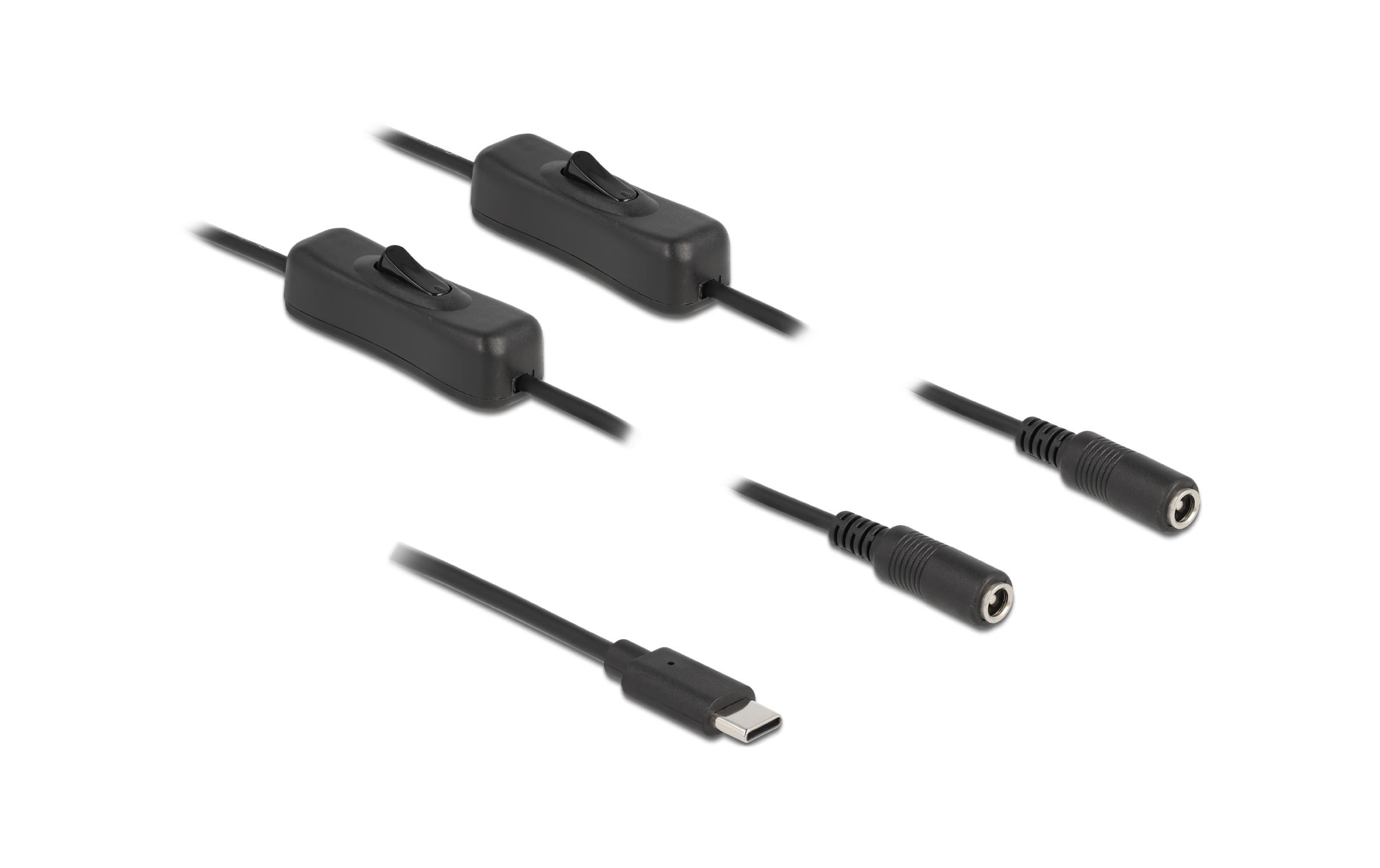 Delock USB-C Stecker zu 2x DC 5.5x2.1mm,1m Mit Schalter,Stecker zu Buchse,1m,Schwarz