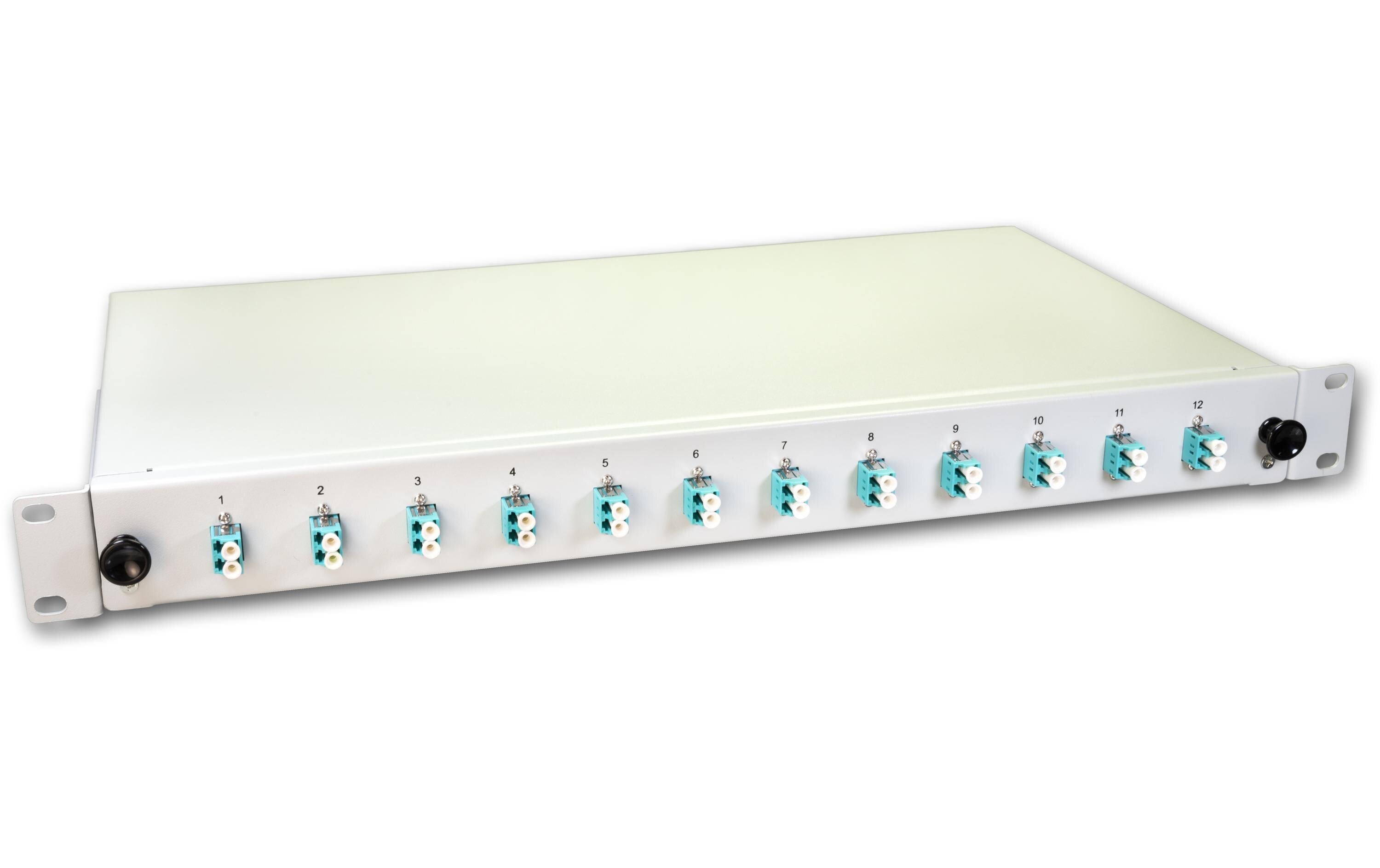 Lightwin 19" 1HE Spleissbox, Multimode, OM3 12x DLC MM Kupplung aqua, 2x12 LC/UPC Pigta