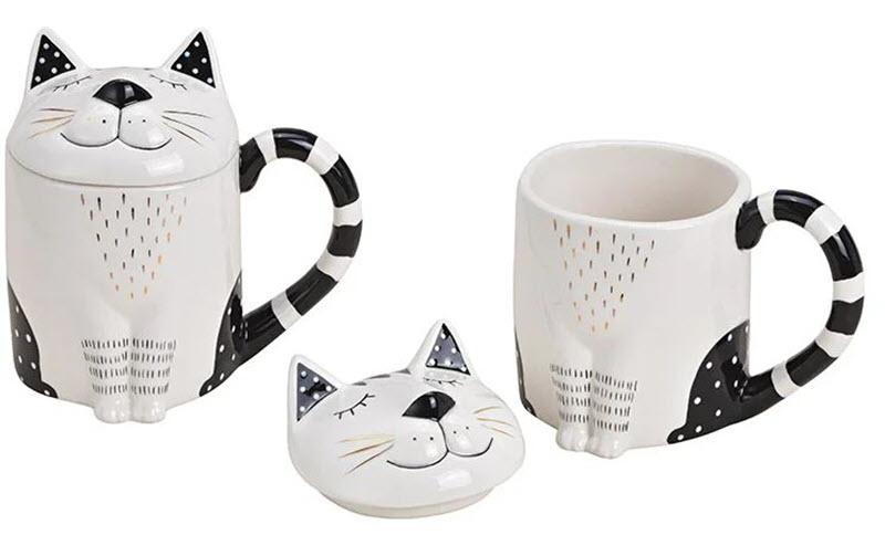G. Wurm Tasse Katze mit Deckel, Keramik 300 ml, 14x14x10 cm (BxHxT)