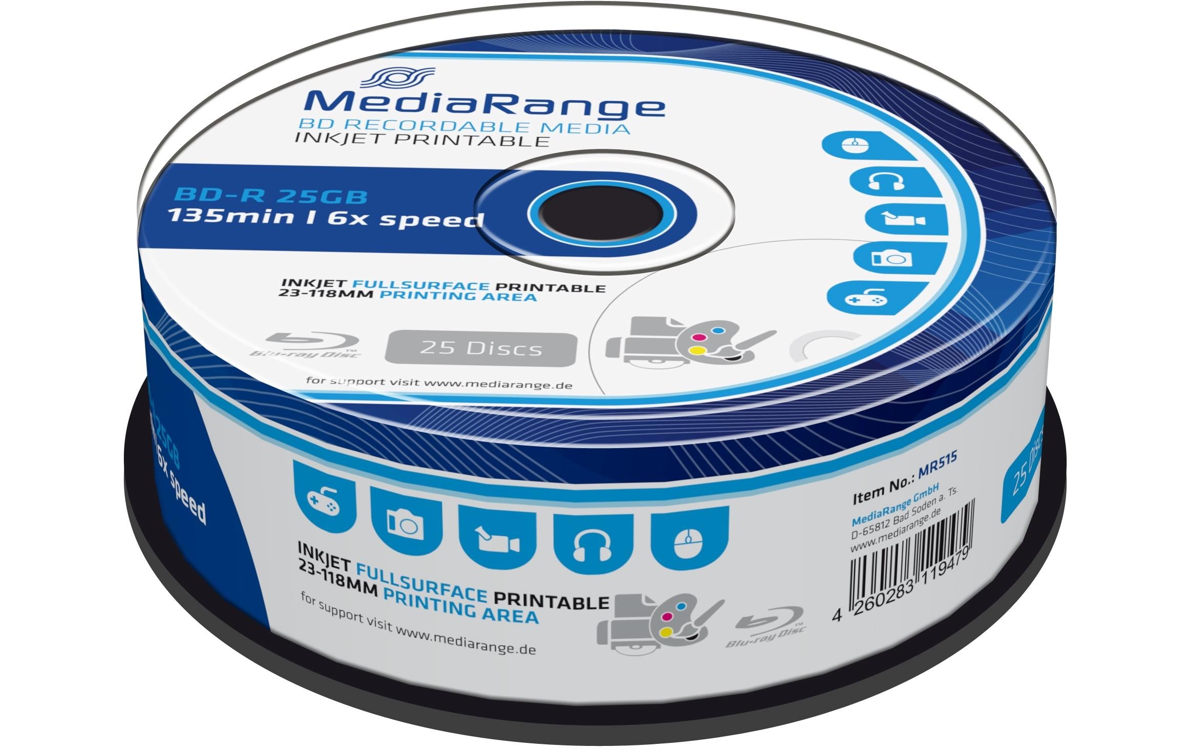 Mediarang BD-R 6x Single Layer 25GB 25er P. Blu-ray, Spindel,  Bedrucken