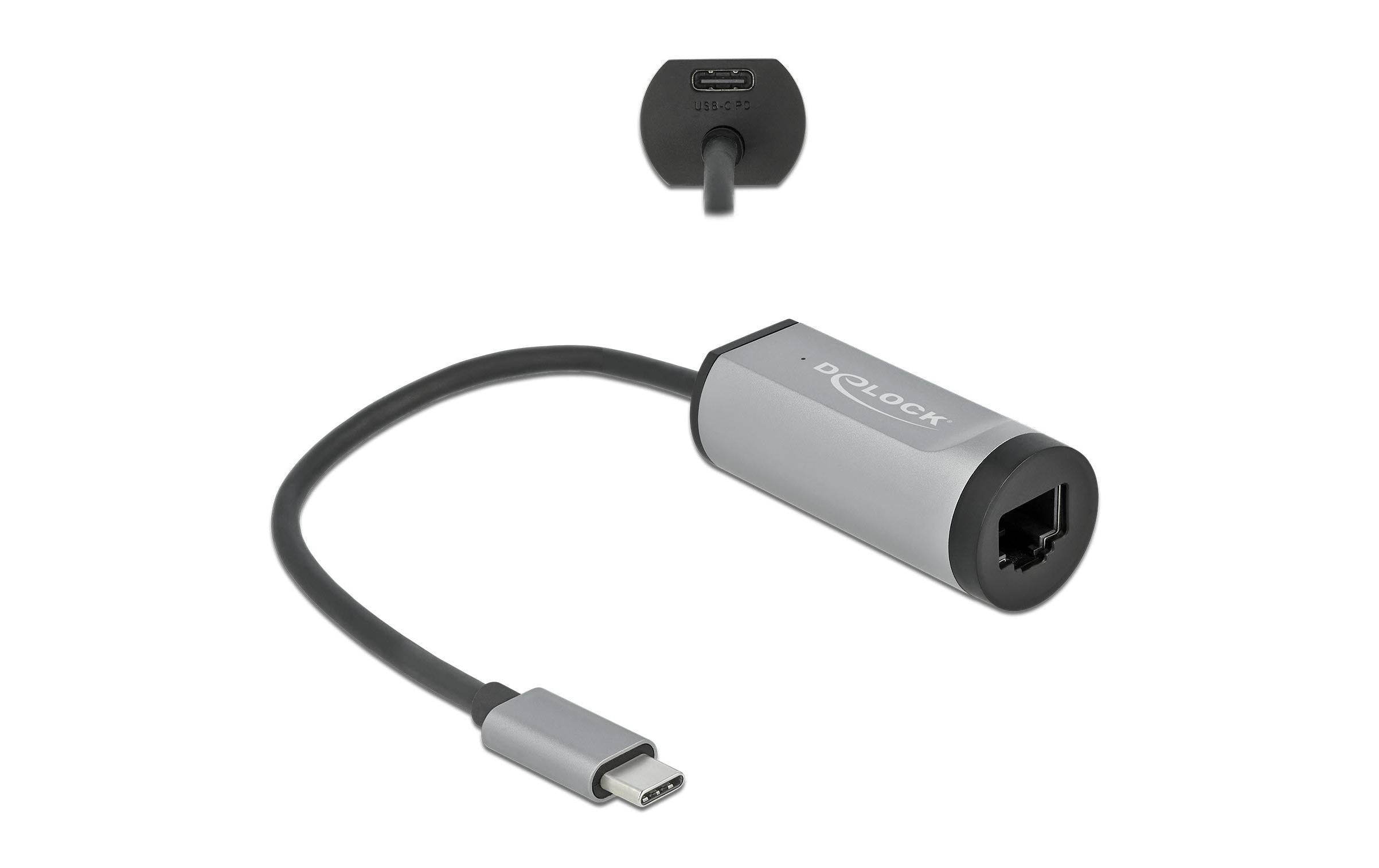 Delock USB3.1 Typ-C zu LAN Adapter, 1Gbps schwarz, mit Powerdelivery 3.0 bis 60Watt