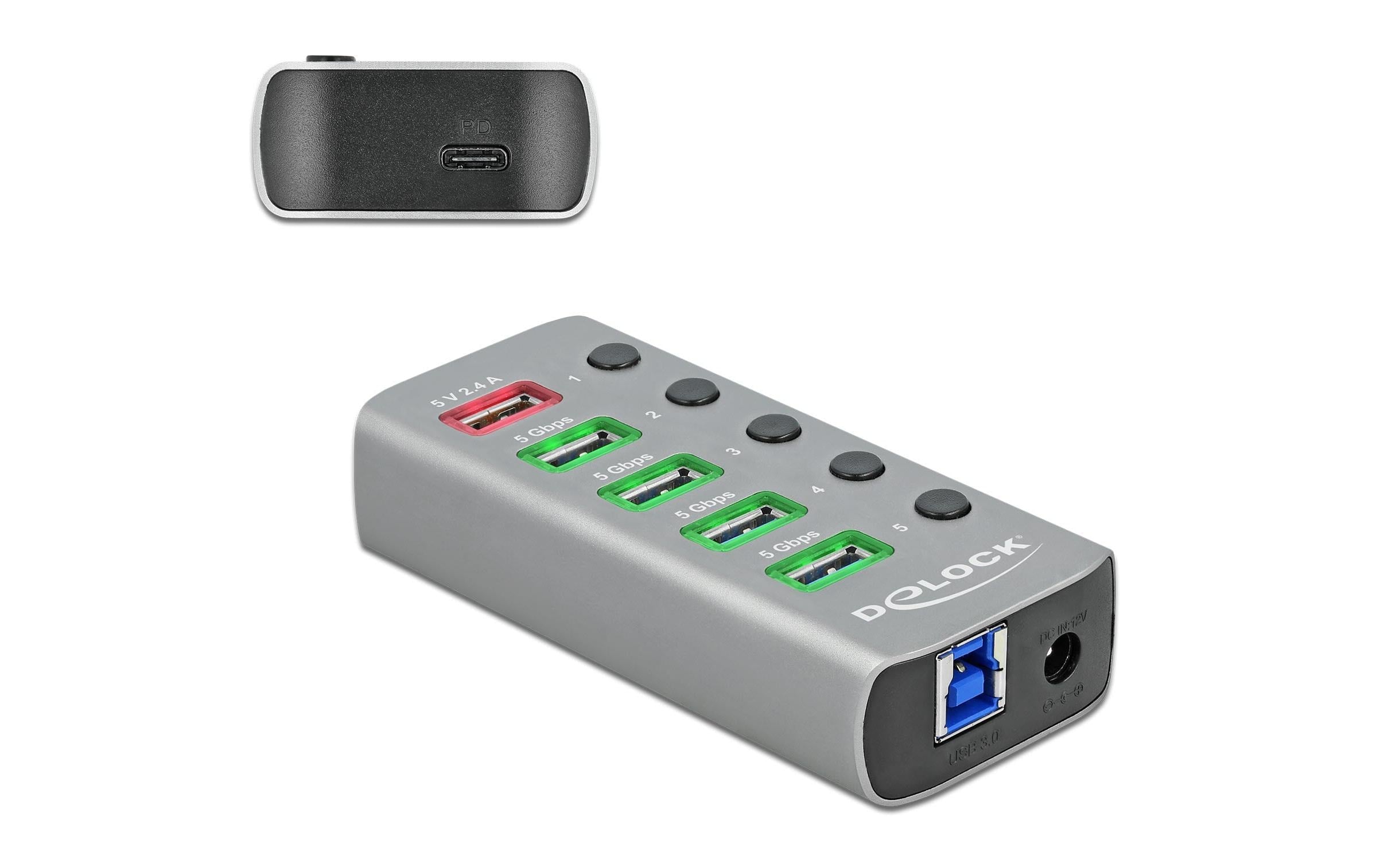 Delock externer USB 3.0 Hub 4-Ports, PD mit Schalter, Beleuchtung, PD, USB-C