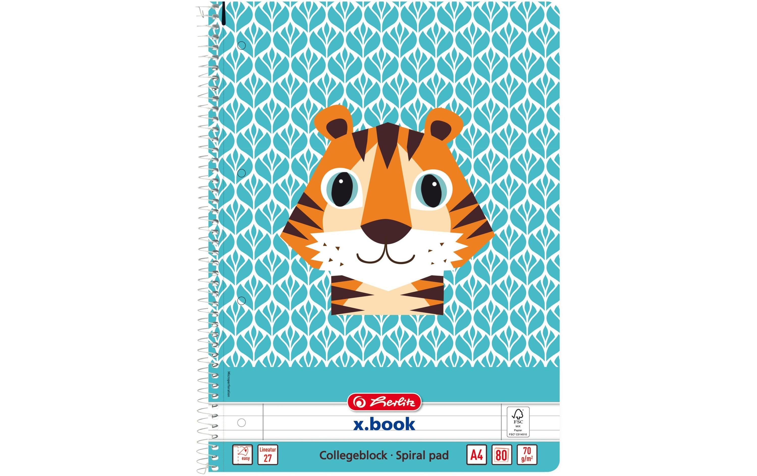 Herlitz Spiralheft A4 Cute Tiger 80 Blatt liniert mit 2 Rändern, FSC Mix