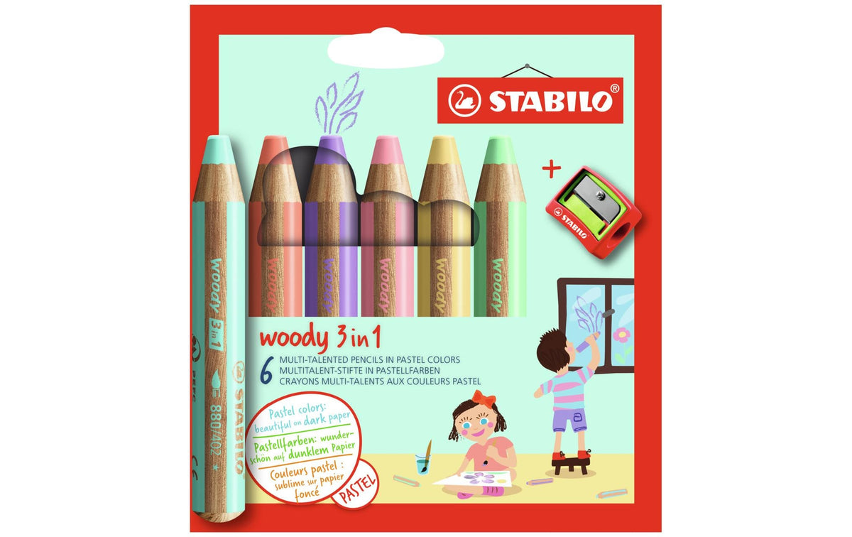 STABILO Woody 3in1 Pastell 6er Etui 18er Etui, inkl. Spitzer/Pinsel