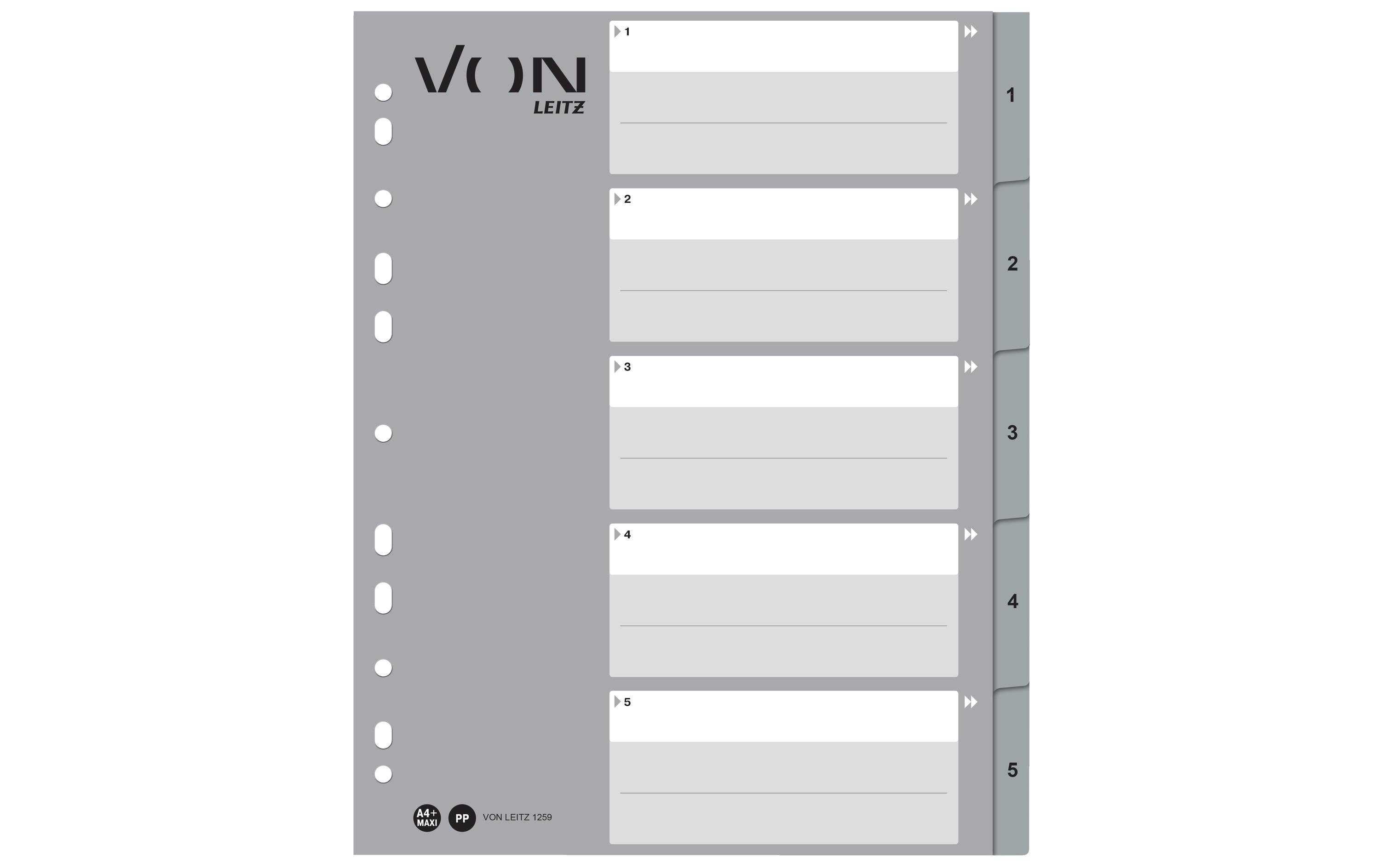 VON Register Zahlen 1-5, A4 Überbreite, PP grau