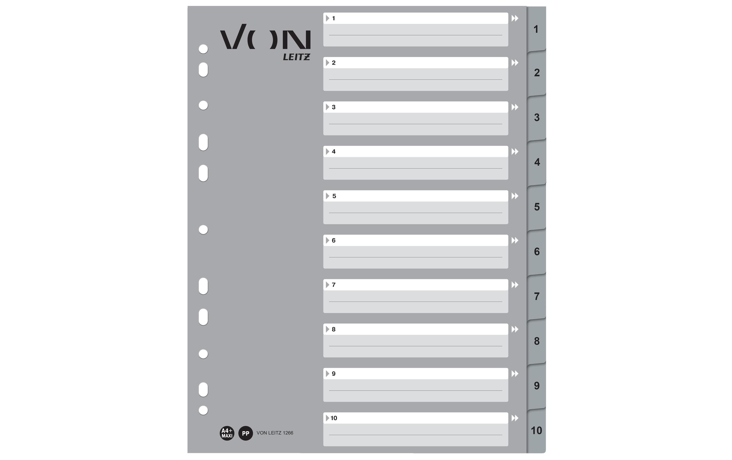 VON Register Zahlen 1-10, A4 Überbreite, PP grau