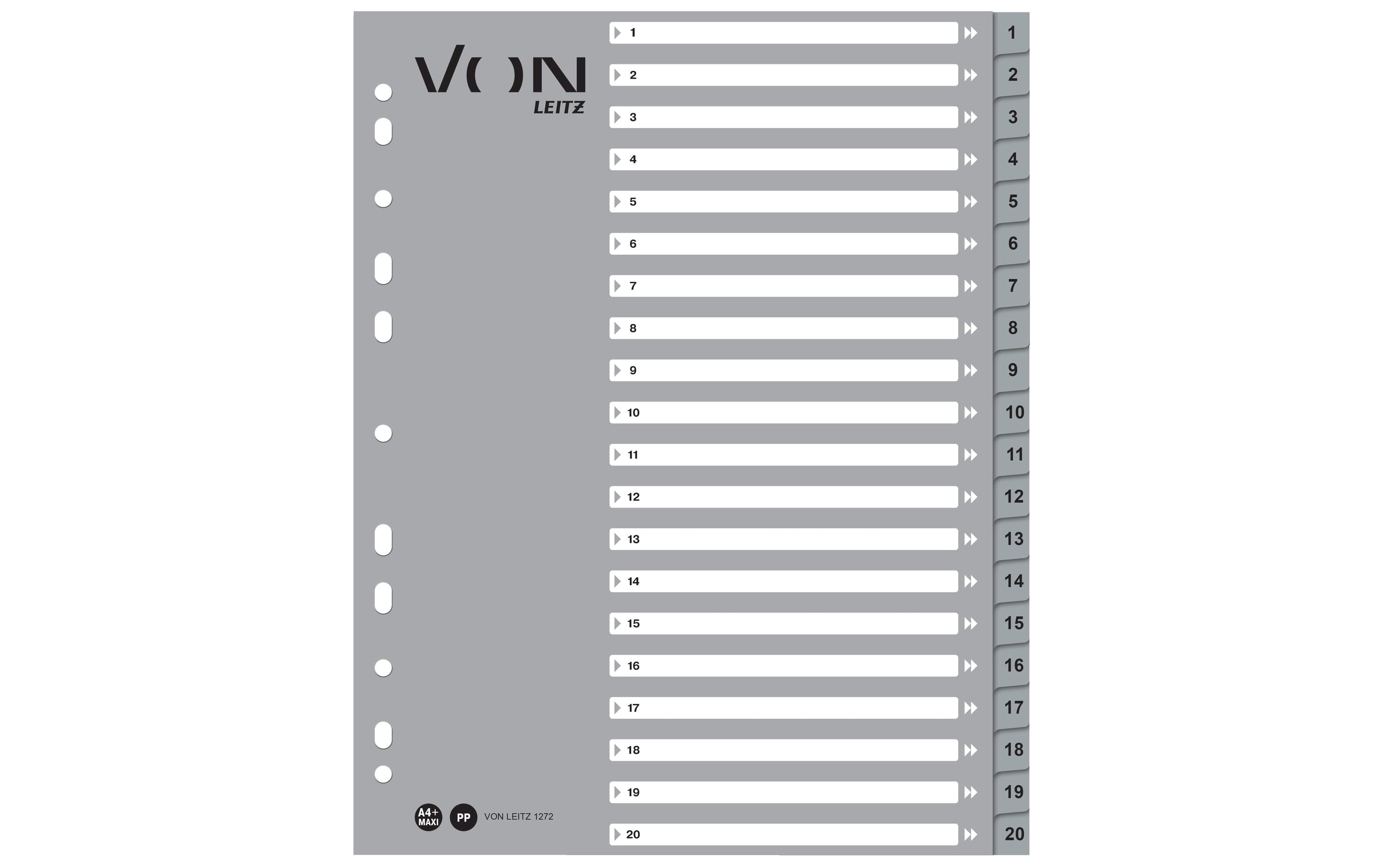 VON Register Zahlen 1-20, A4 Überbreite, PP grau