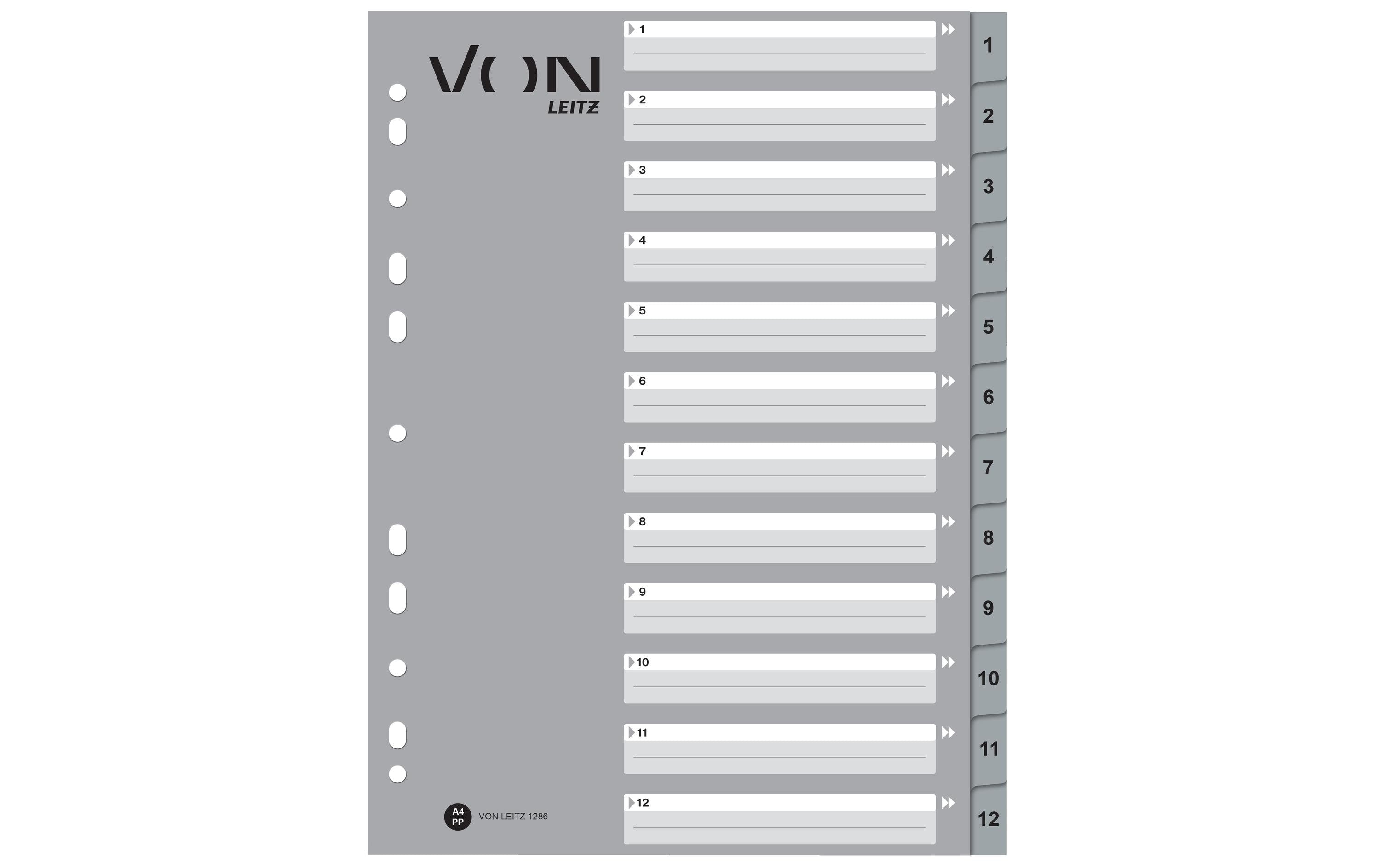VON Register Zahlen 1-12, A4, PP grau