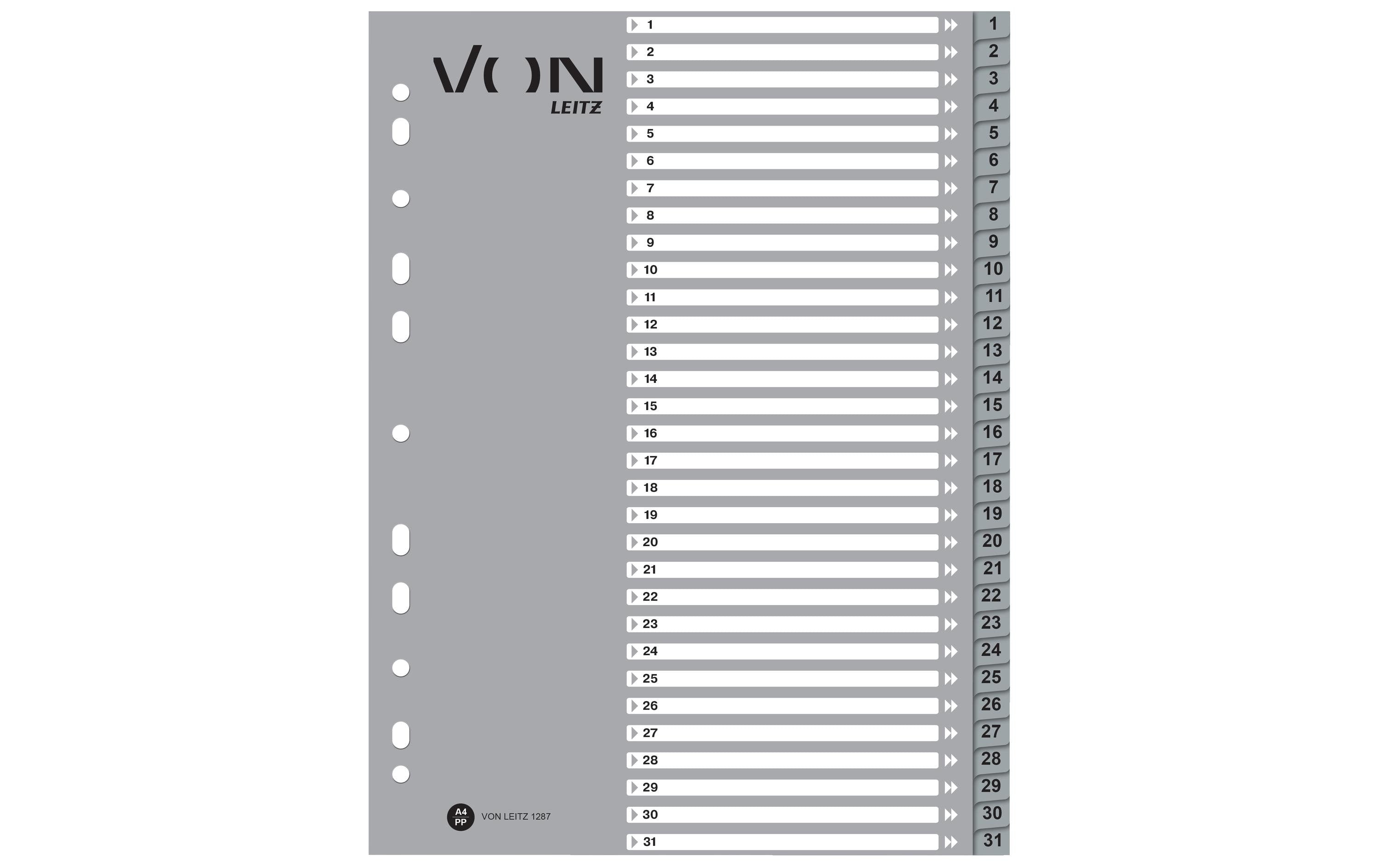 VON Register Zahlen 1-31, A4, PP grau