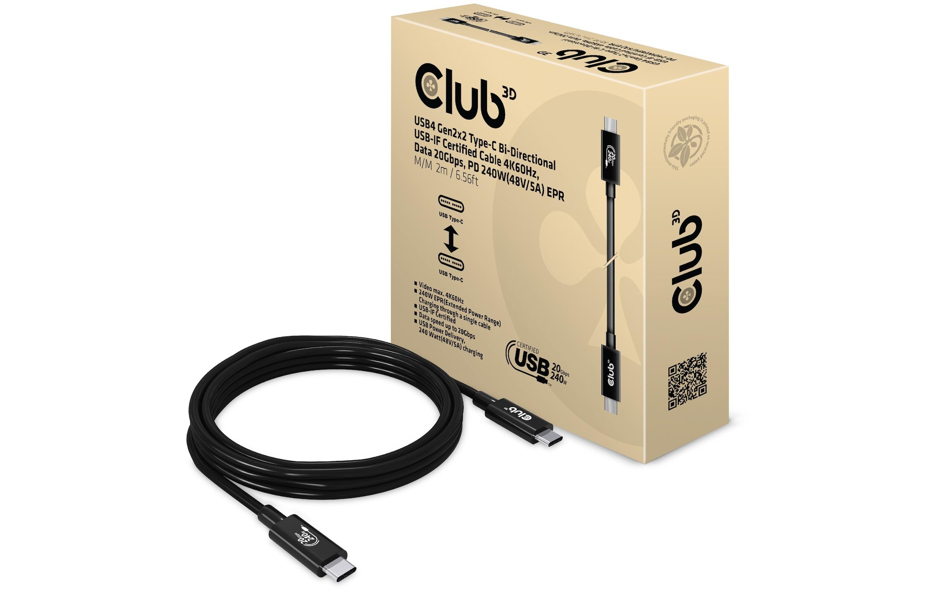 Club 3D, USB4 Gen2x2 Typ-C Kabel 4K60Hz Kabel, 2.0 Meter, Daten 20Gbps, PD 240W