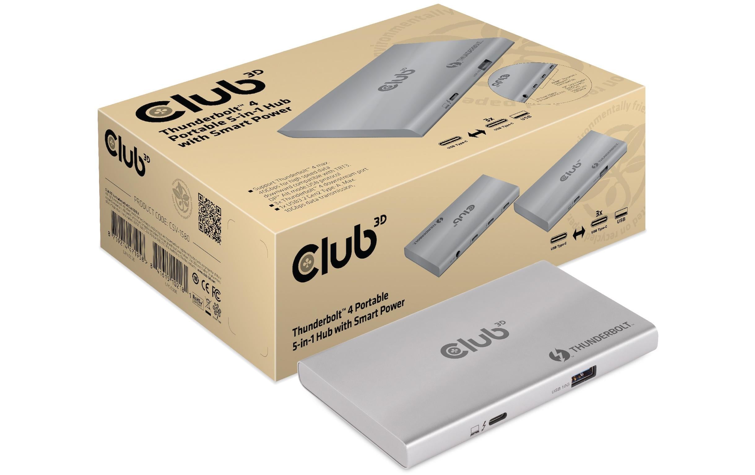 Club 3D, Thunderbolt 4 portabler 5-in-1 Hub mit smart Power
