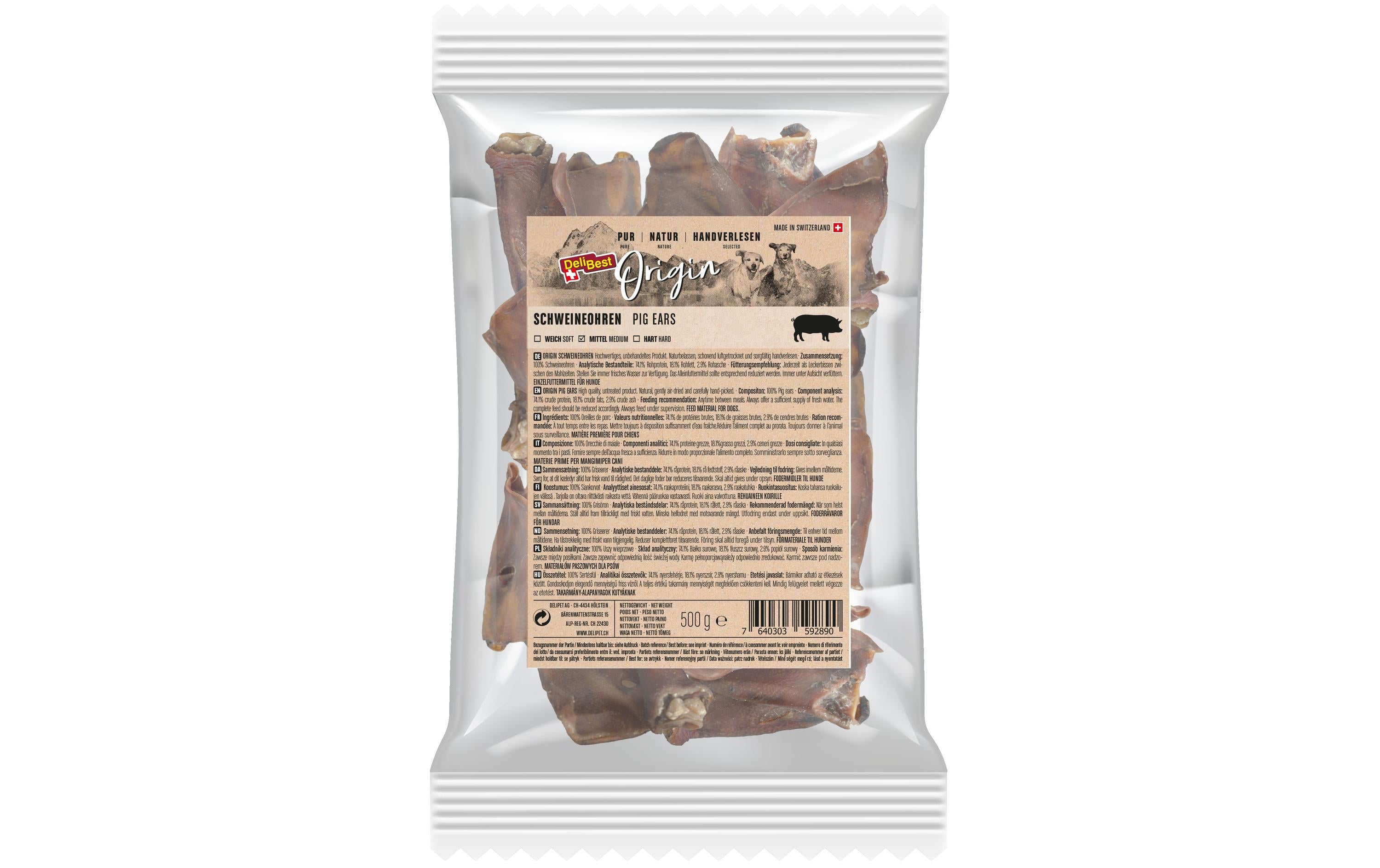 DeliBest Origin Schweineohren 500g Schweizer Fleisch
