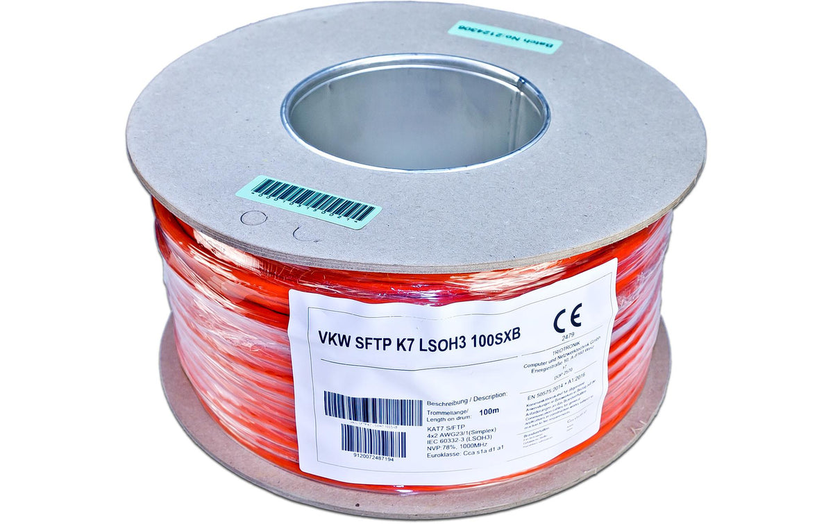 Wirewin Verlegekabel: S/FTP, 100m, orange Cat.7, AWG23, LSOH3, 1000Mhz, Cca s1a d1 a1