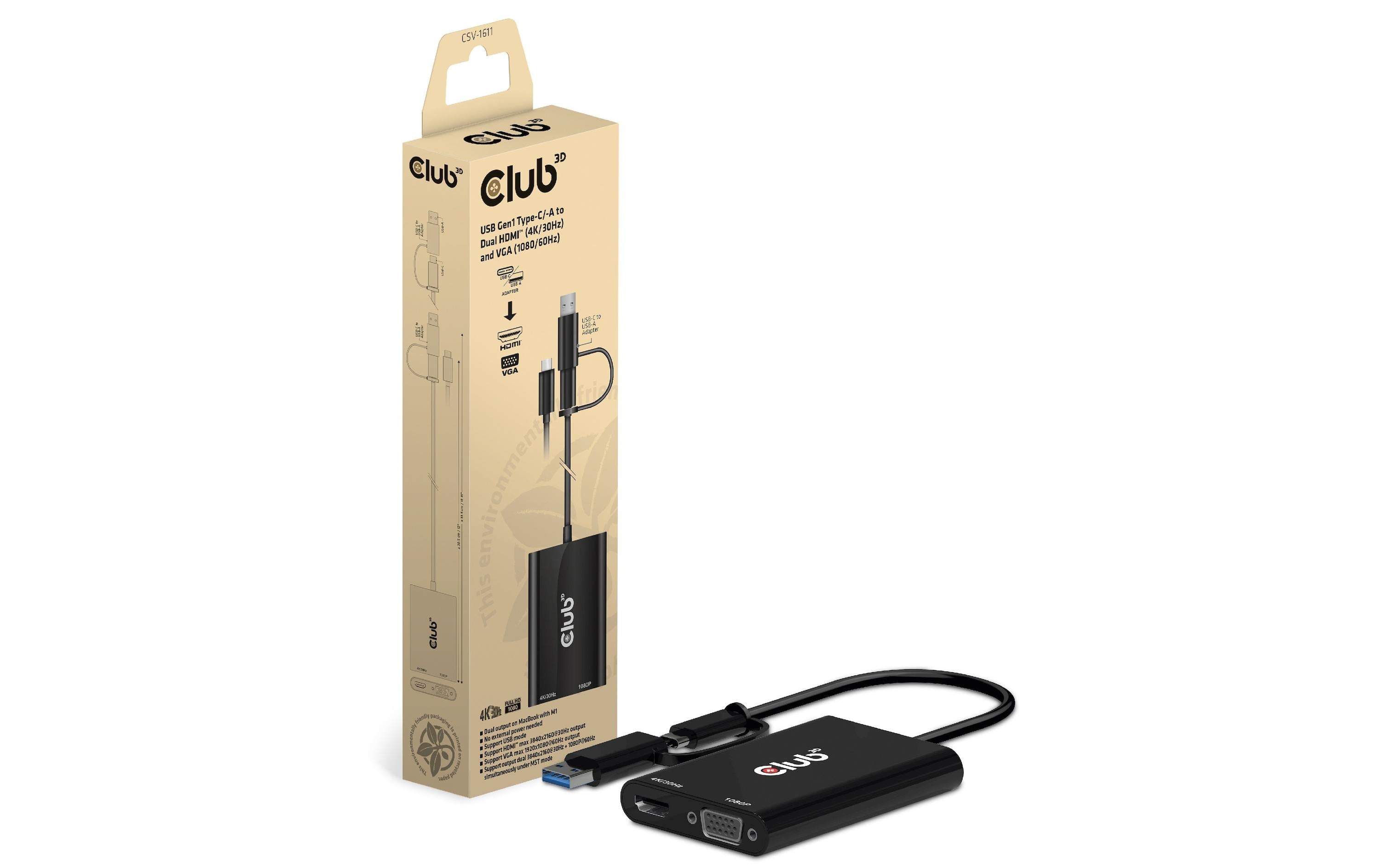 Club 3D, Type-C/A auf HDMI/VGA Adapter, 33 cm
