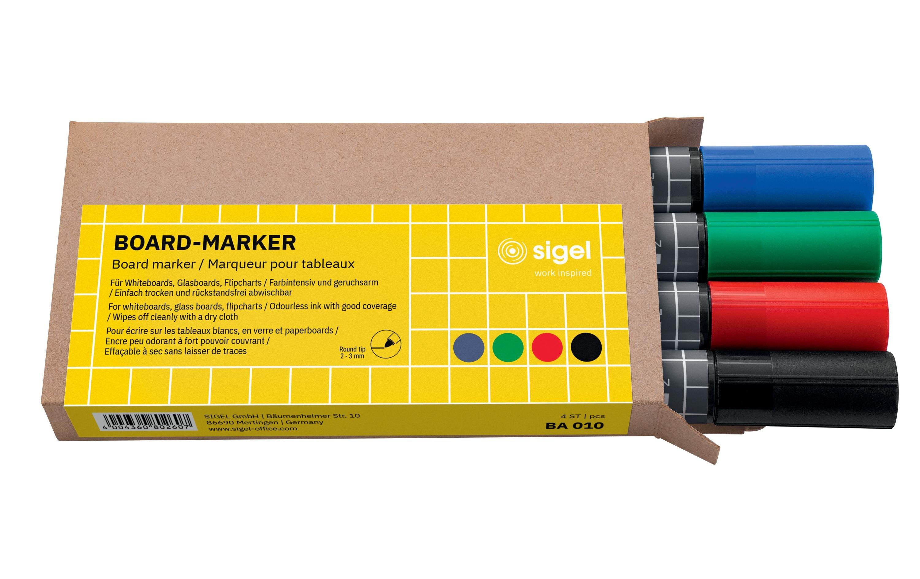 Sigel Non-permanent-Marker 2-3 mm schwarz, rot, blau, grün, 4 Stk.