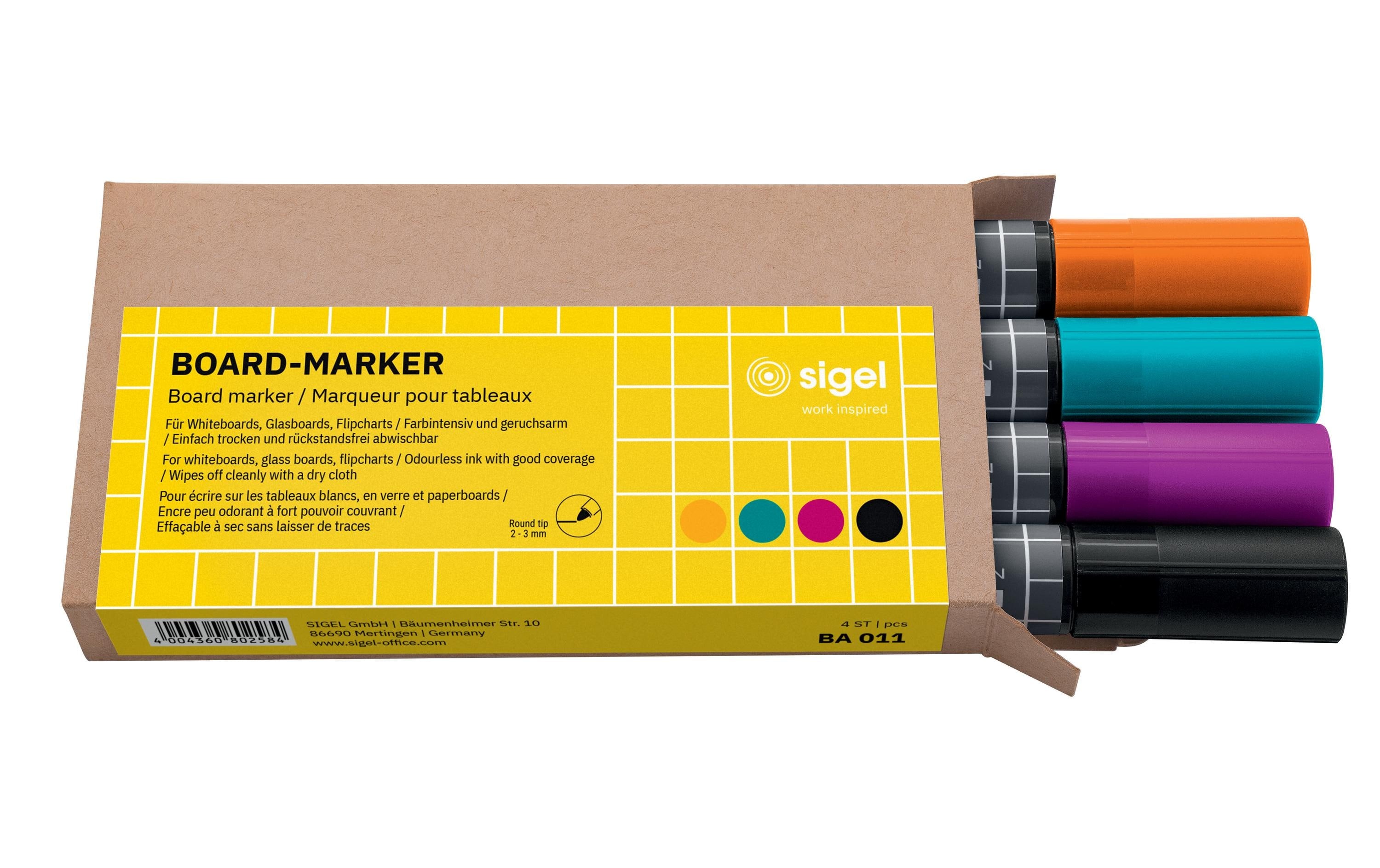 Sigel Non-permanent-Marker 2-3 mm schwarz, türkis, magenta, orange, 4 Stk.
