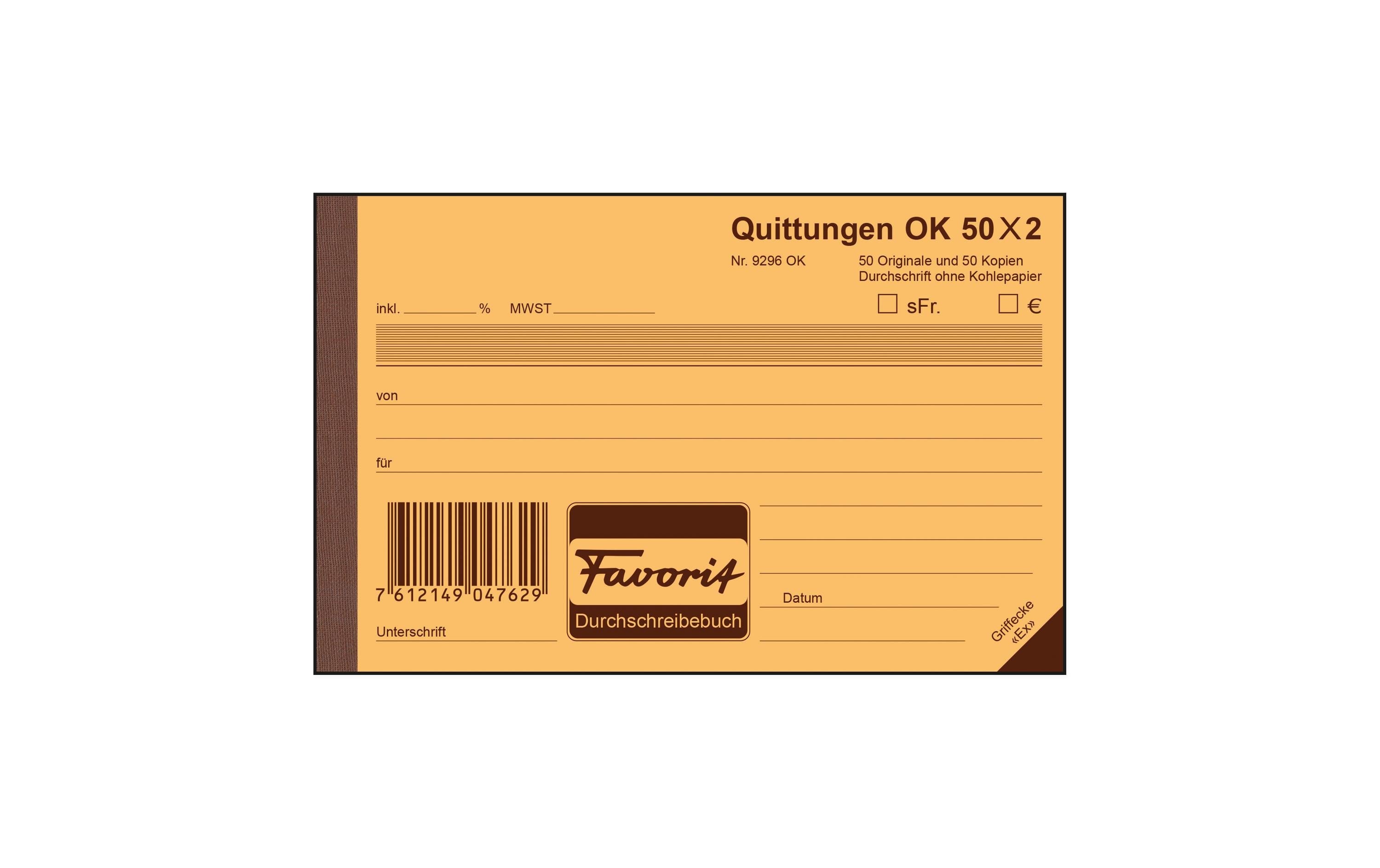 Favorit Quittungs-Buch A6 quer, 50 x 2 Blatt