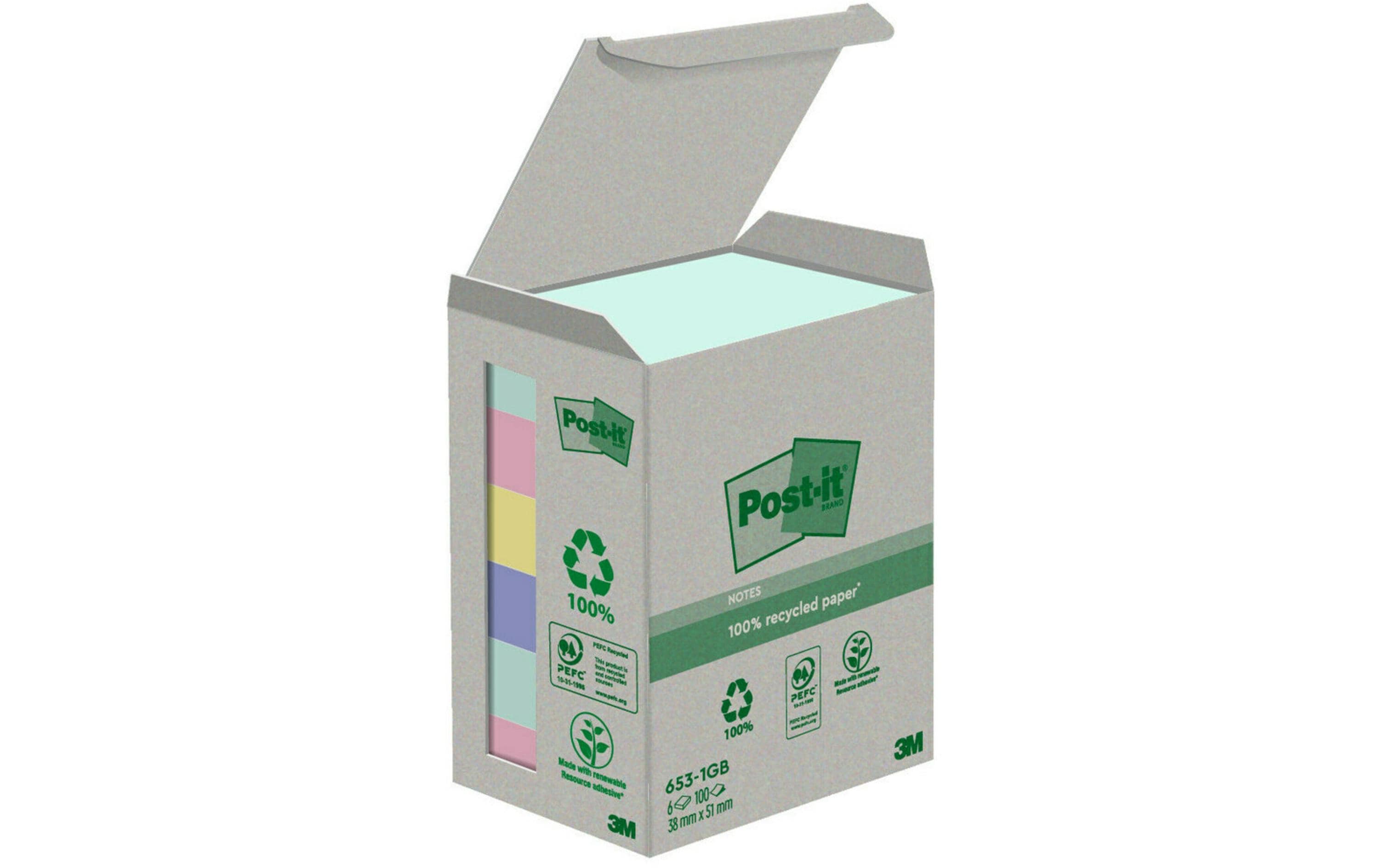 3M Post-it Recycling Notes, ver. Farben 6 Blöcke à 100 Blatt, 38 x 51  mm