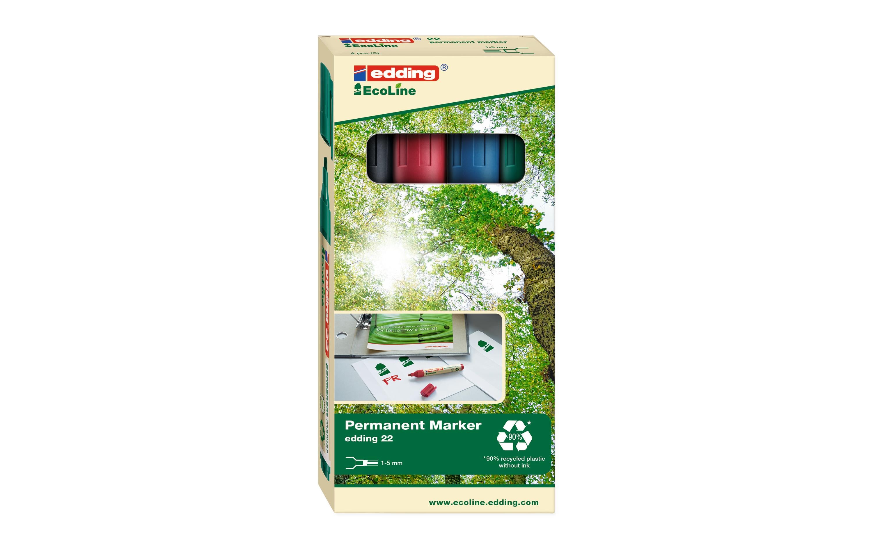 Edding Permanent-Marker 22 EcoLine, 4 Stk 4er Karton: rot, blau, grün, schwarz