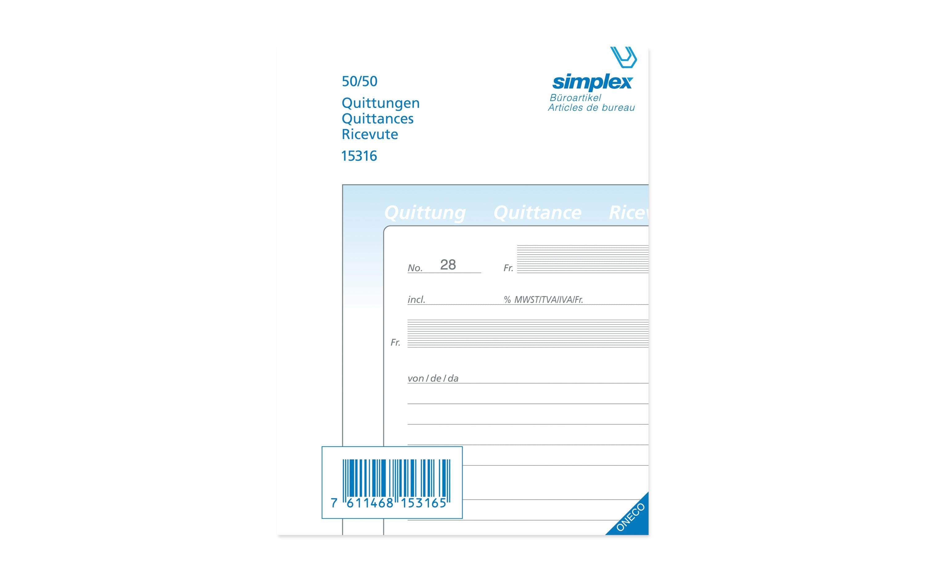 Simplex Quittungs-Buch A6, 50 x 2 Blatt, 3-sprachig d/f/i