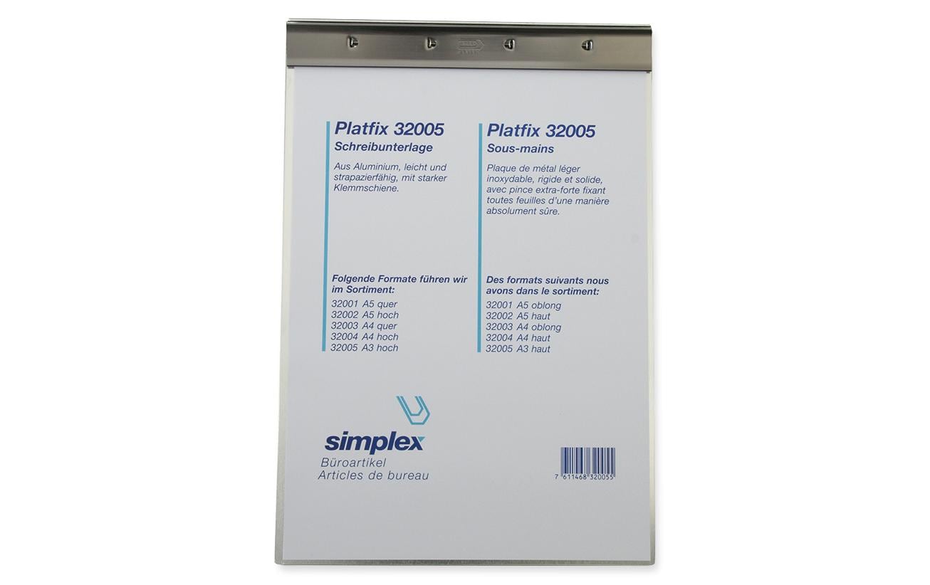 Simplex Schreibplatte Platfix A3, Klemme auf Schmalseite