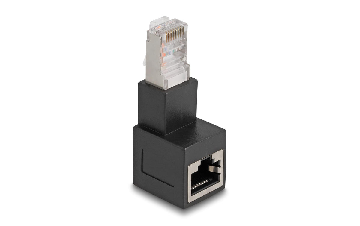 Delock RJ45 Stecker zu RJ45 Buchse Adapter Cat.6A 90° nach unten gewinkelt