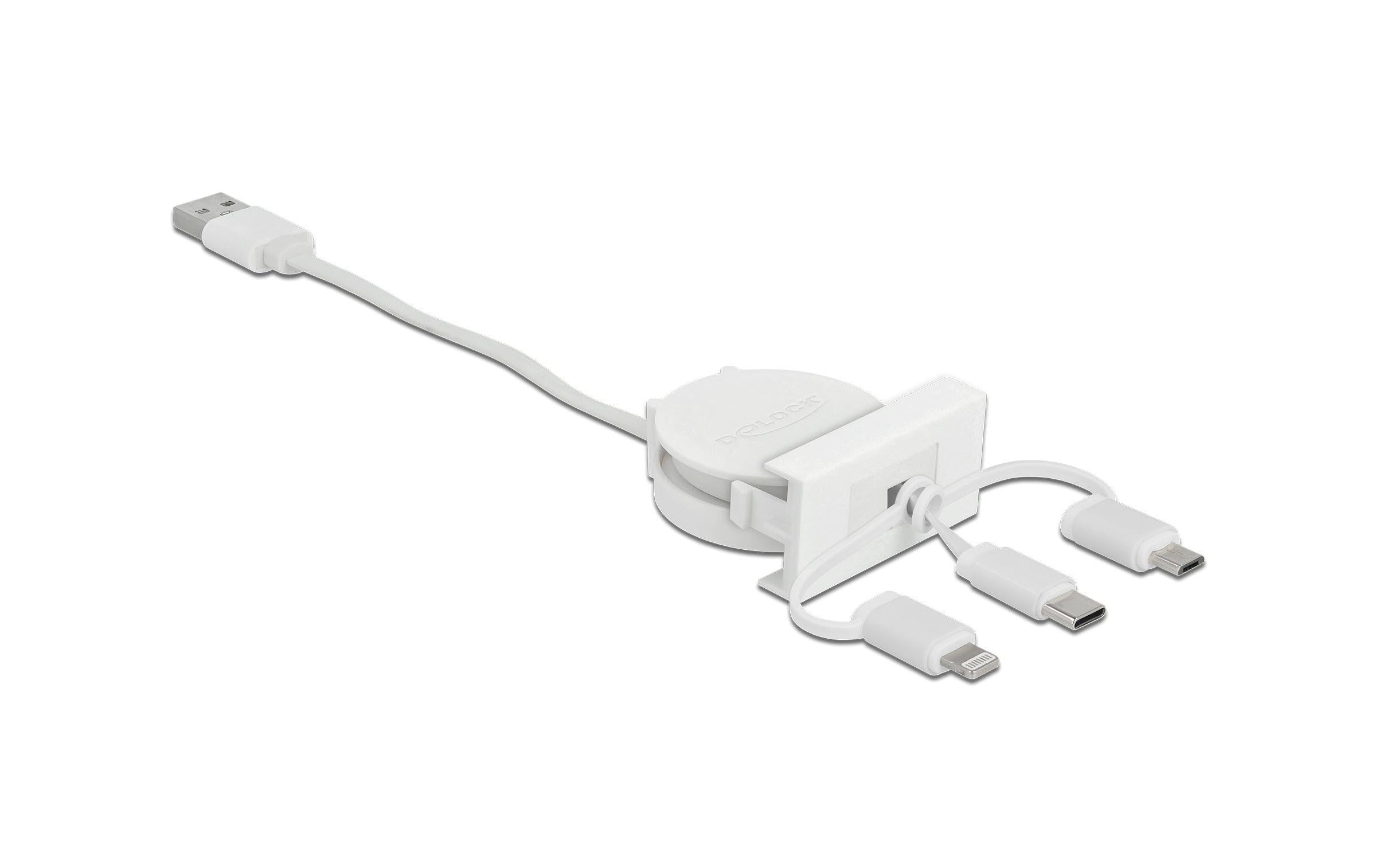 Delock Easy45 Modul 3 in 1 Aufrollkabel Typ-A zu USB-C/Micro USB/ Lightning, weiss